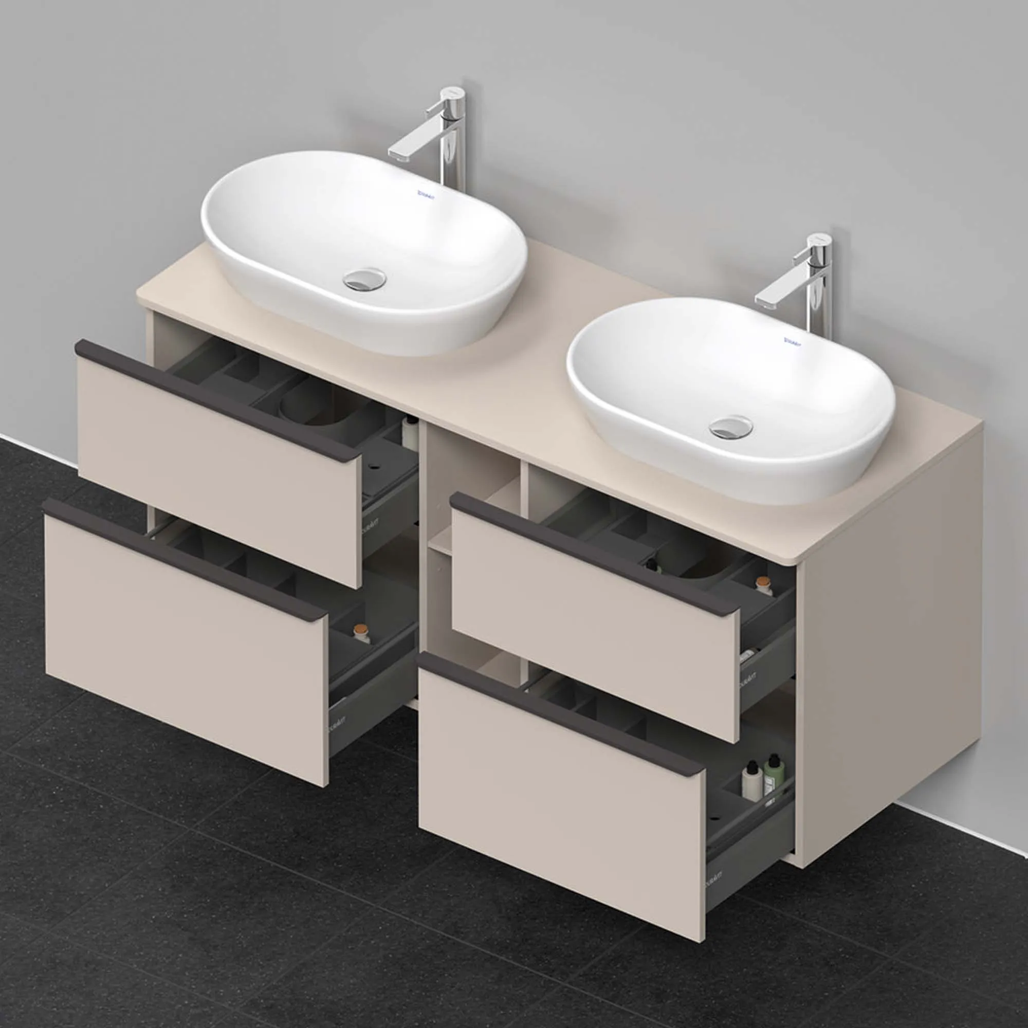 Duravit D-Neo 1400 Wall Mounted 4-Drawer Double Vanity Unit With Worktop - Taupe