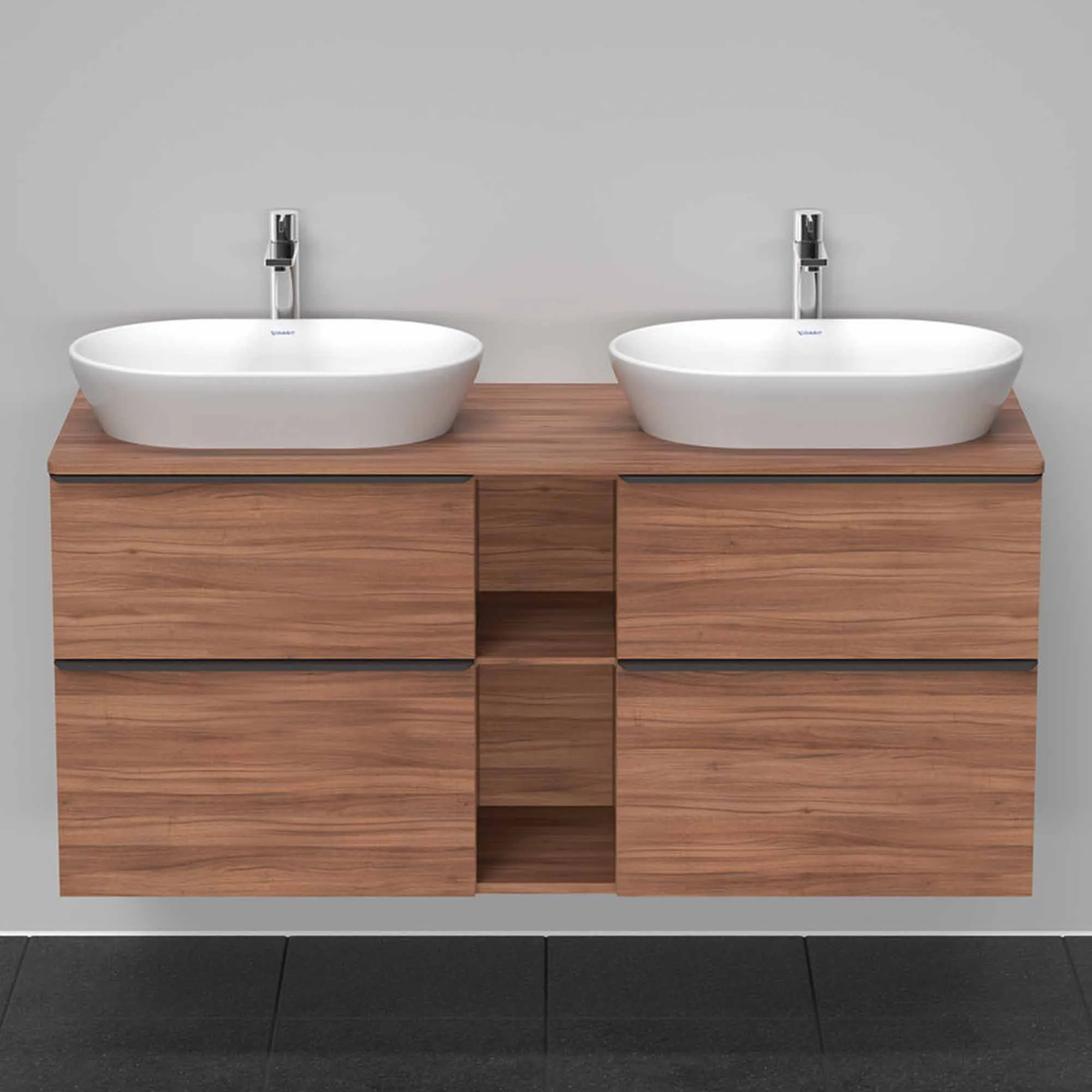 Duravit D-Neo 1400 Wall Mounted 4-Drawer Double Vanity Unit With Worktop - Walnut