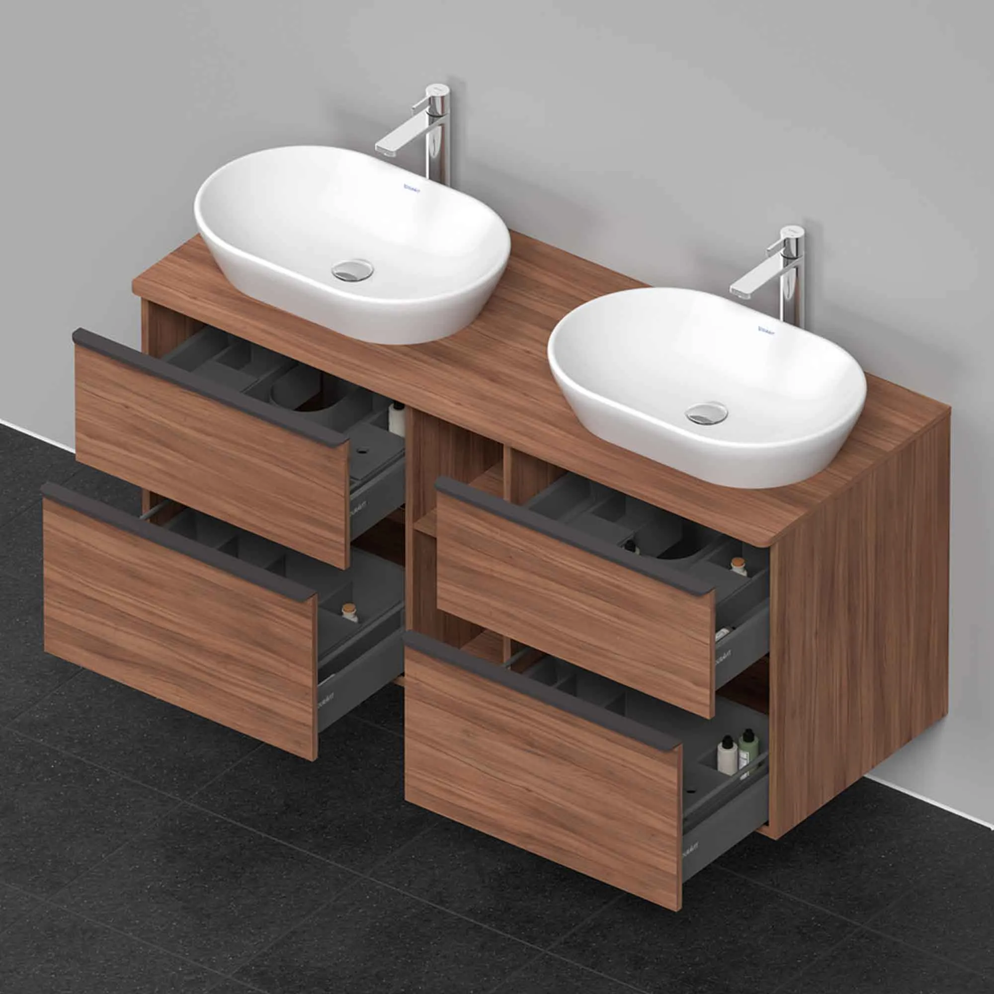 Duravit D-Neo 1400 Wall Mounted 4-Drawer Double Vanity Unit With Worktop - Walnut