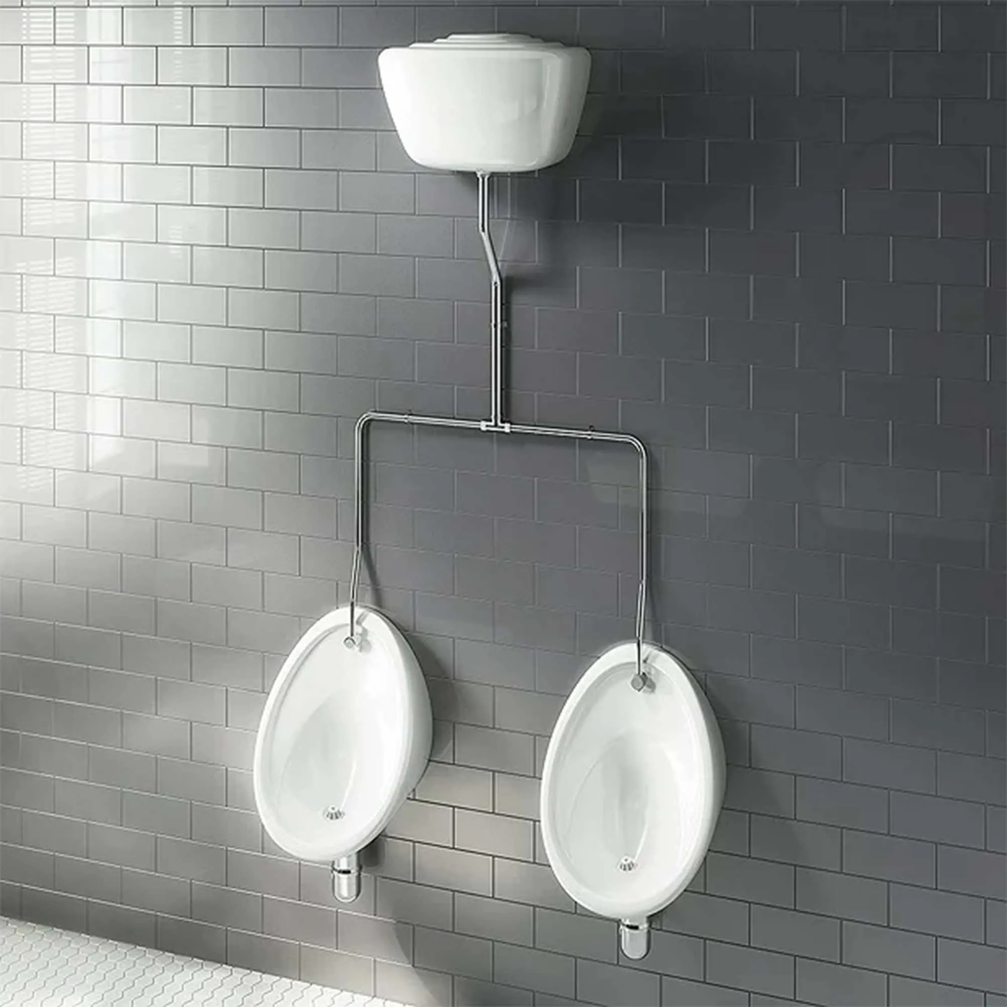 Exposed Urinal Pack with 2 x 500mm Top Inlet Urinal Bowls with 9L Ceramic Cistern - Gloss White