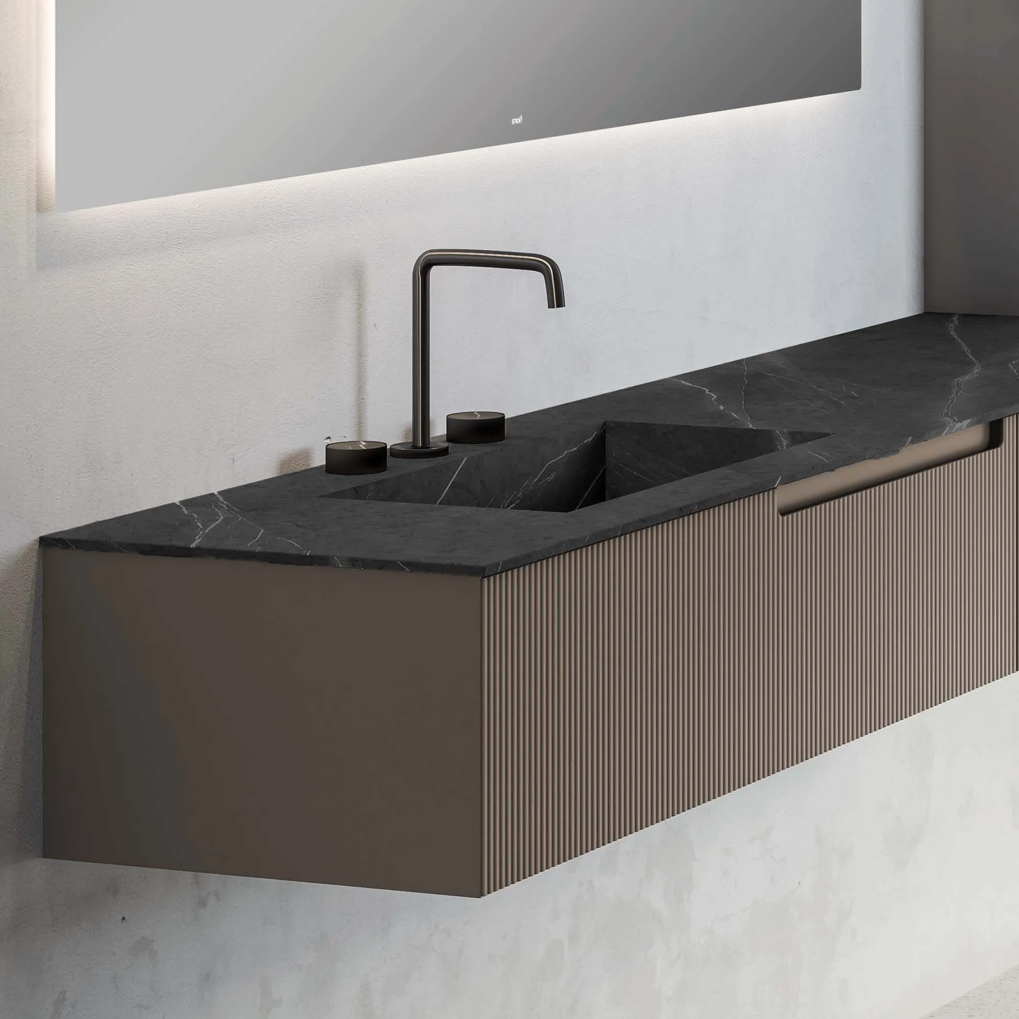 Fiora Synergy Designer Wall Mounted 1-Drawer Vanity Unit with Negro Marquina Top and Built-In Basin