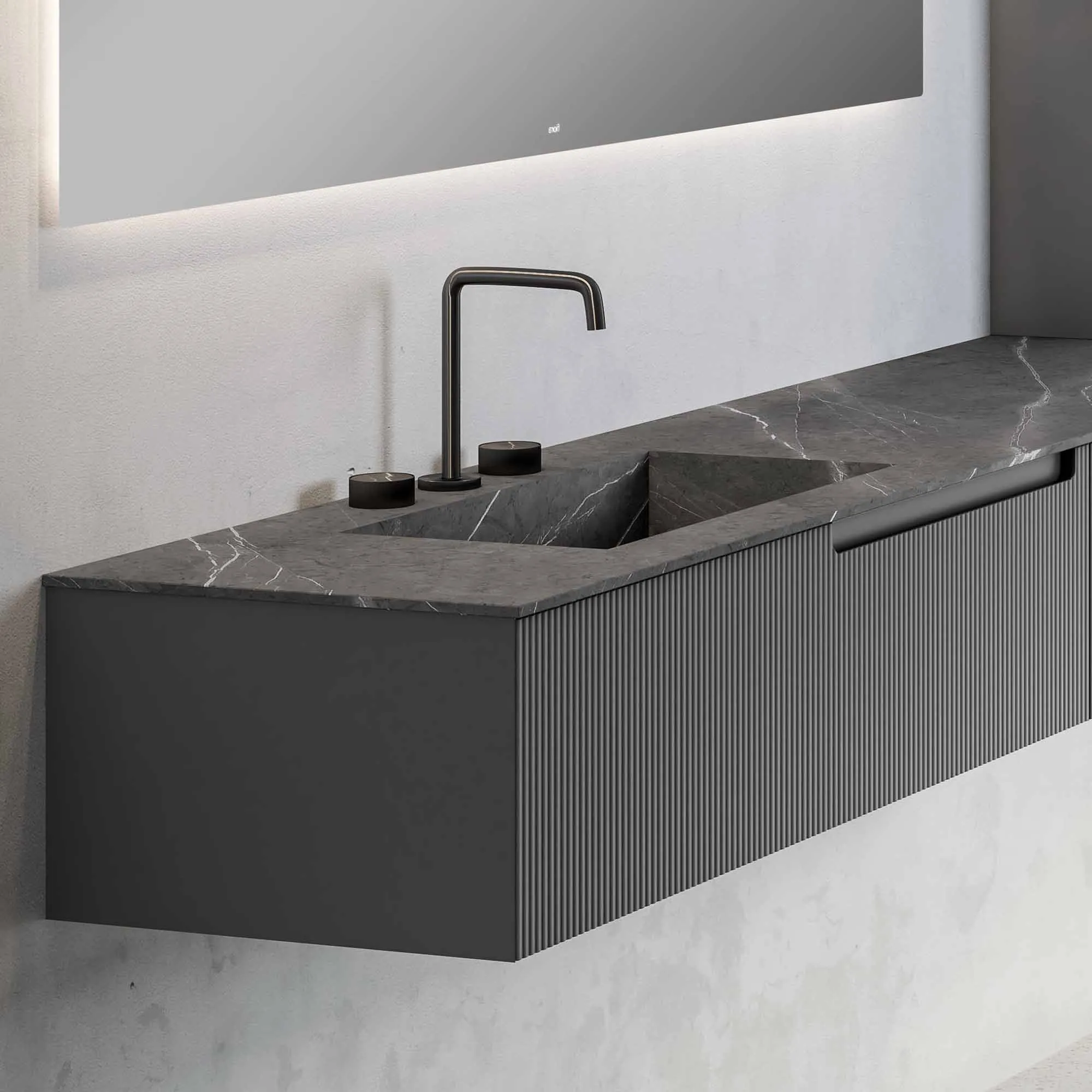 Fiora Synergy Designer Wall Mounted 1-Drawer Vanity Unit with Pietra Gris Top and Built-In Basin