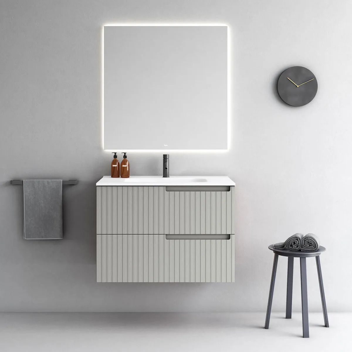Fiora Synergy Designer Wall Mounted 1-Drawer Vanity Unit with Pietra Gris Top and Built-In Basin