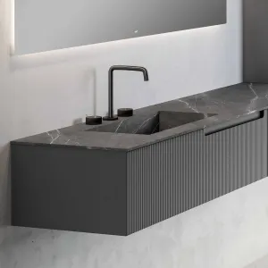 Fiora Synergy Designer Wall Mounted 1-Drawer Vanity Unit with Pietra Gris Top and Built-In Basin