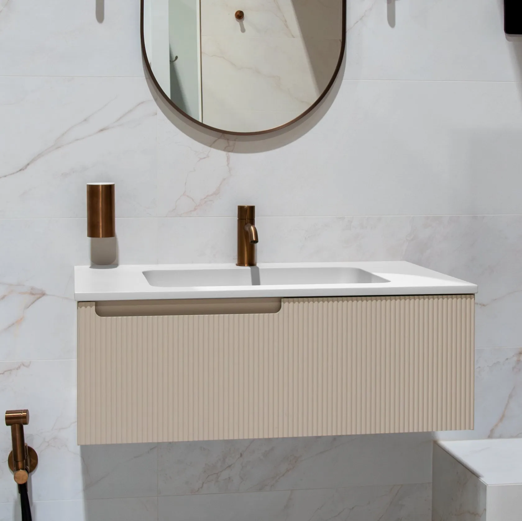 Fiora Synergy Designer Wall Mounted 1-Drawer Vanity Unit with Qube Matt White Basin