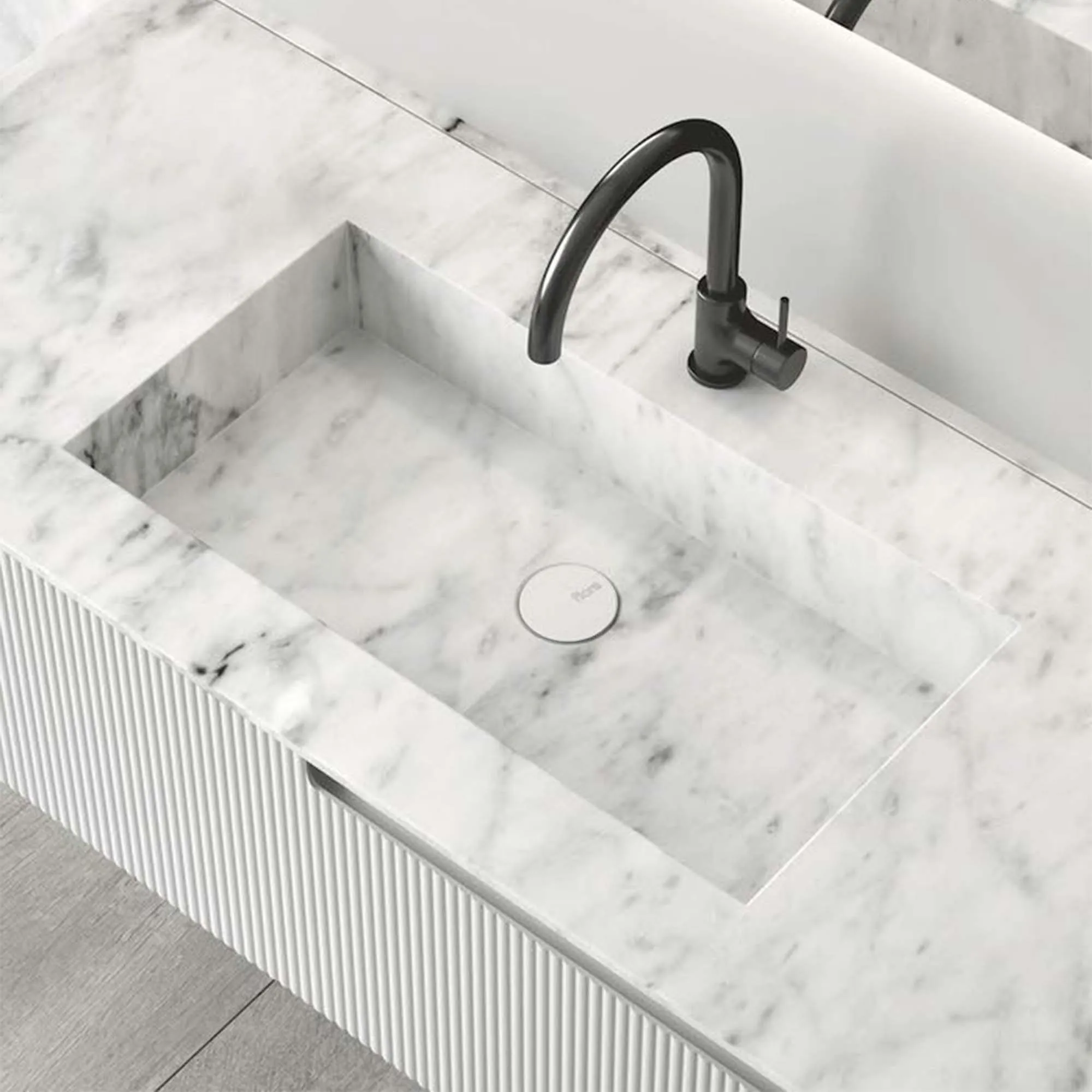 Fiora Synergy Designer Wall Mounted 2-Drawer Vanity Unit with Blanco Carrara Top and Built-In Basin