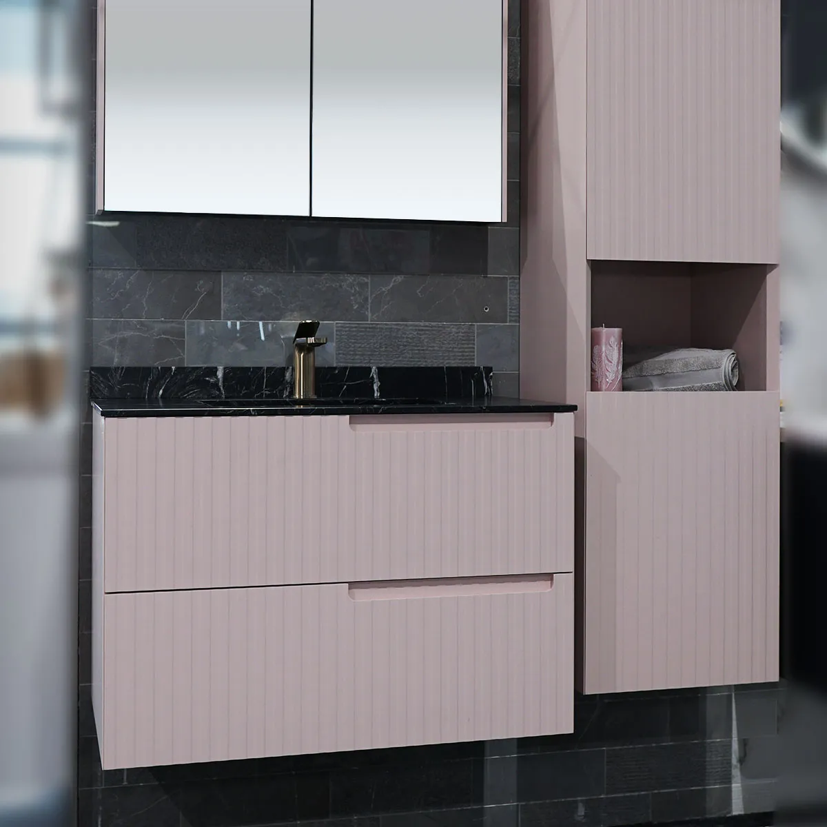 Fiora Synergy Designer Wall Mounted 2-Drawer Vanity Unit with Blanco Carrara Top and Built-In Basin