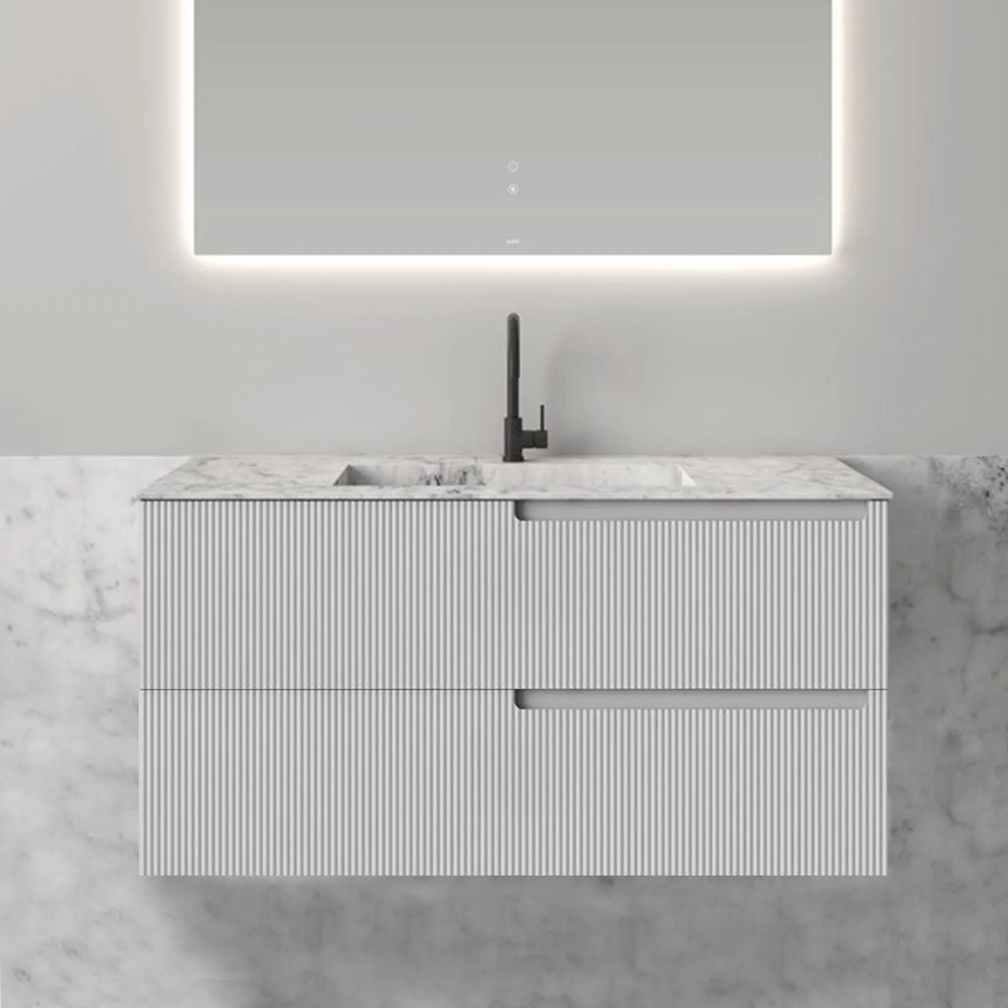 Fiora Synergy Designer Wall Mounted 2-Drawer Vanity Unit with Blanco Carrara Top and Built-In Basin