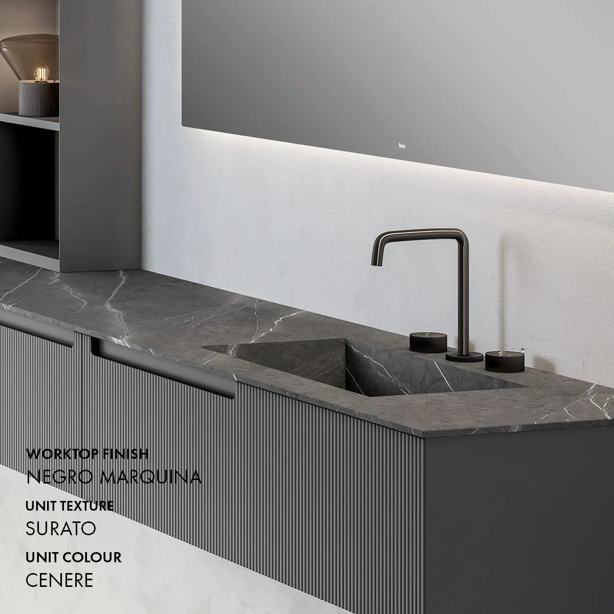 Fiora Synergy Designer Wall Mounted 2-Drawer Vanity Unit with Blanco Carrara Top and Built-In Basin