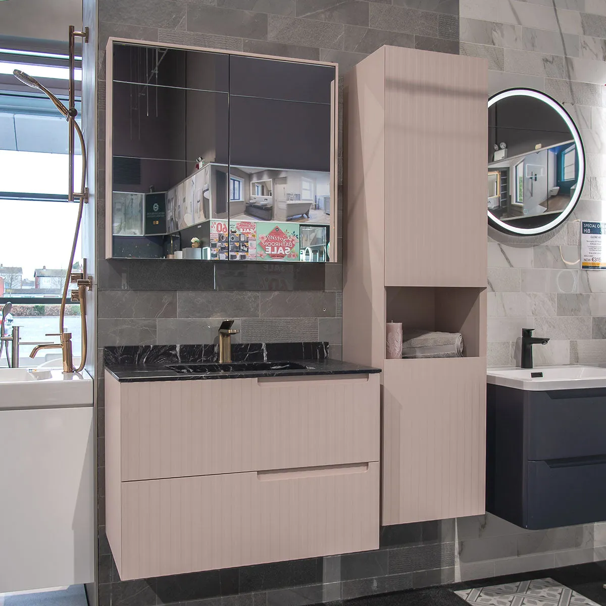 Fiora Synergy Designer Wall Mounted 2-Drawer Vanity Unit with Blanco Carrara Top and Built-In Basin