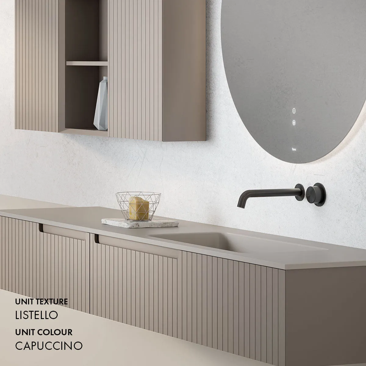 Fiora Synergy Designer Wall Mounted 2-Drawer Vanity Unit with Blanco Carrara Top and Built-In Basin