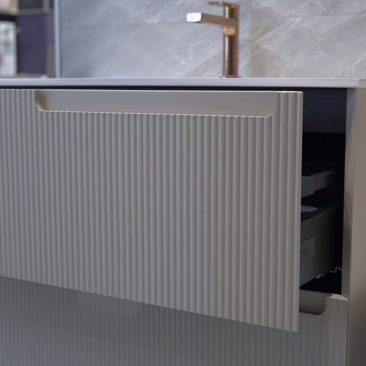Fiora Synergy Designer Wall Mounted 2-Drawer Vanity Unit with Blanco Carrara Top and Built-In Basin