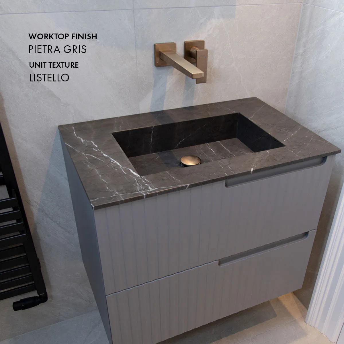 Fiora Synergy Designer Wall Mounted 2-Drawer Vanity Unit with Blanco Carrara Top and Built-In Basin
