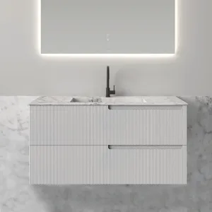 Fiora Synergy Designer Wall Mounted 2-Drawer Vanity Unit with Blanco Carrara Top and Built-In Basin