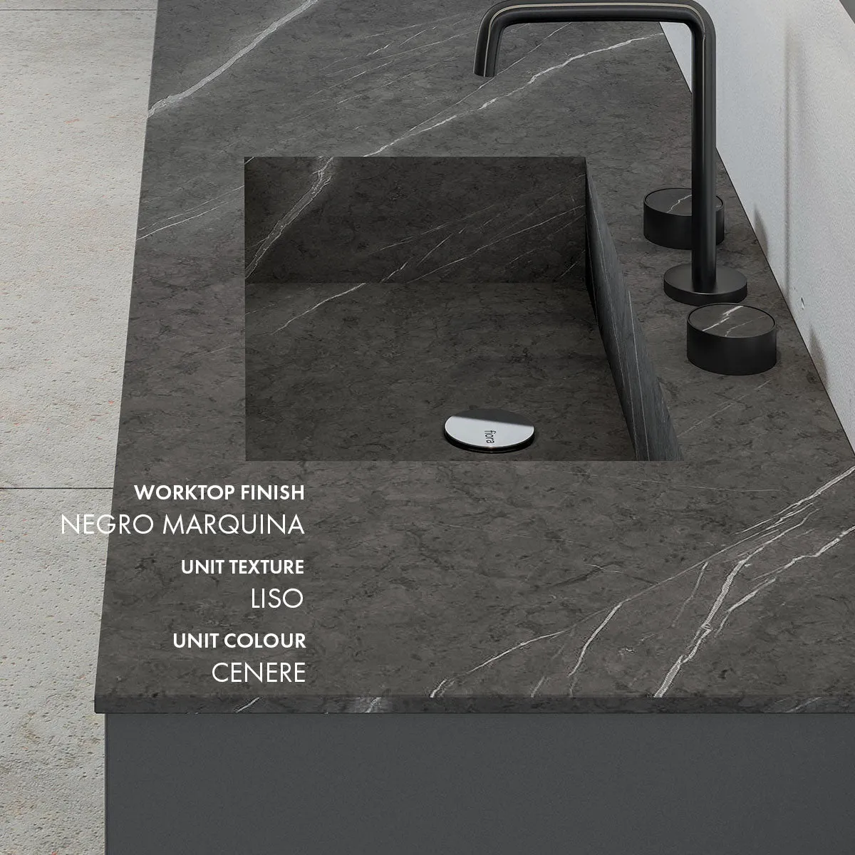 Fiora Synergy Designer Wall Mounted 2-Drawer Vanity Unit with Pietra Gris Top and Built-In Basin