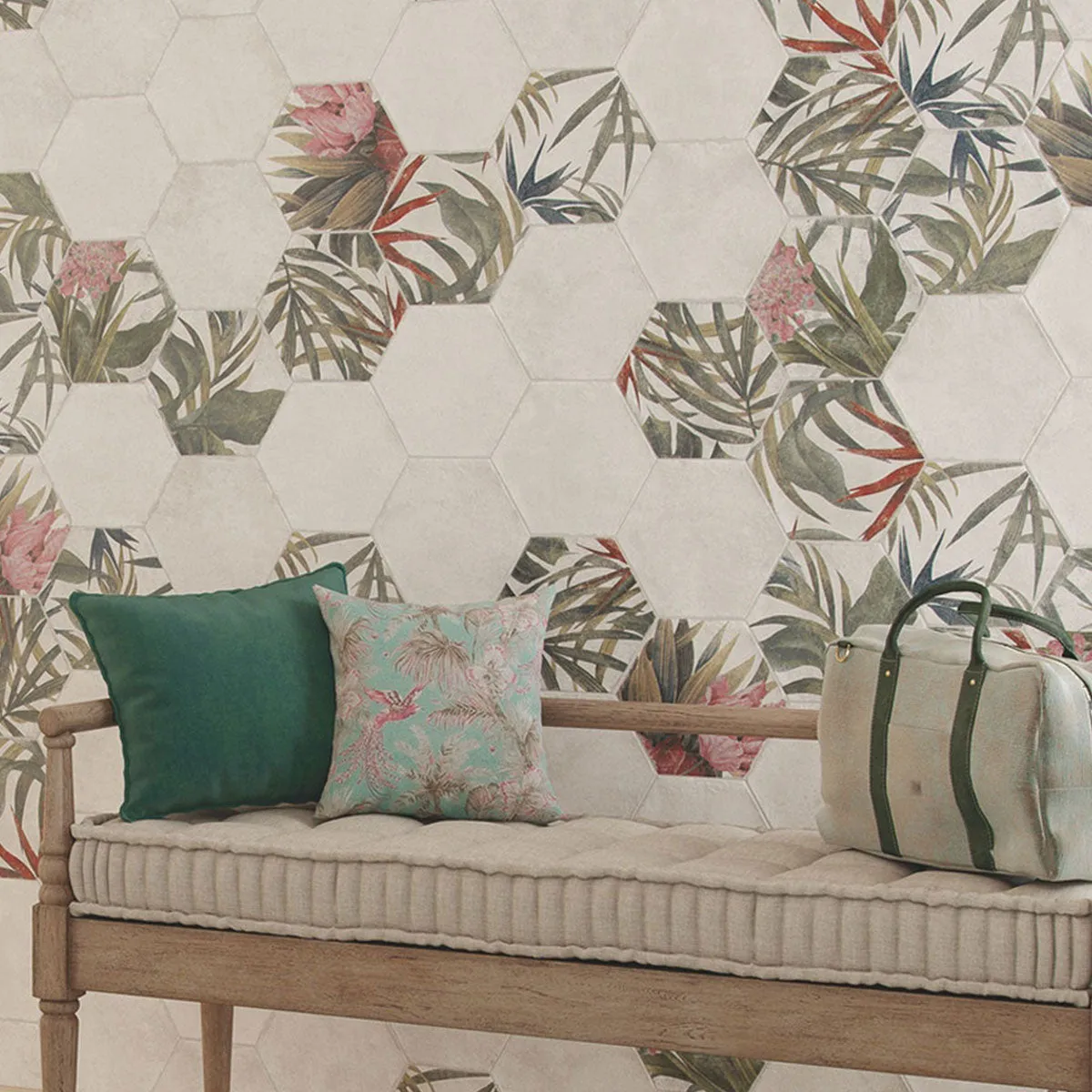 Fiori Blanco Floral Decor Hexagonal Porcelain Tile 23x27cm Matt