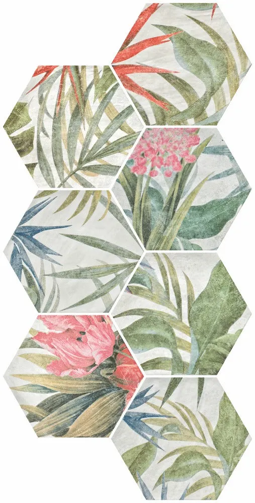 Fiori Blanco Floral Decor Hexagonal Porcelain Tile 23x27cm Matt