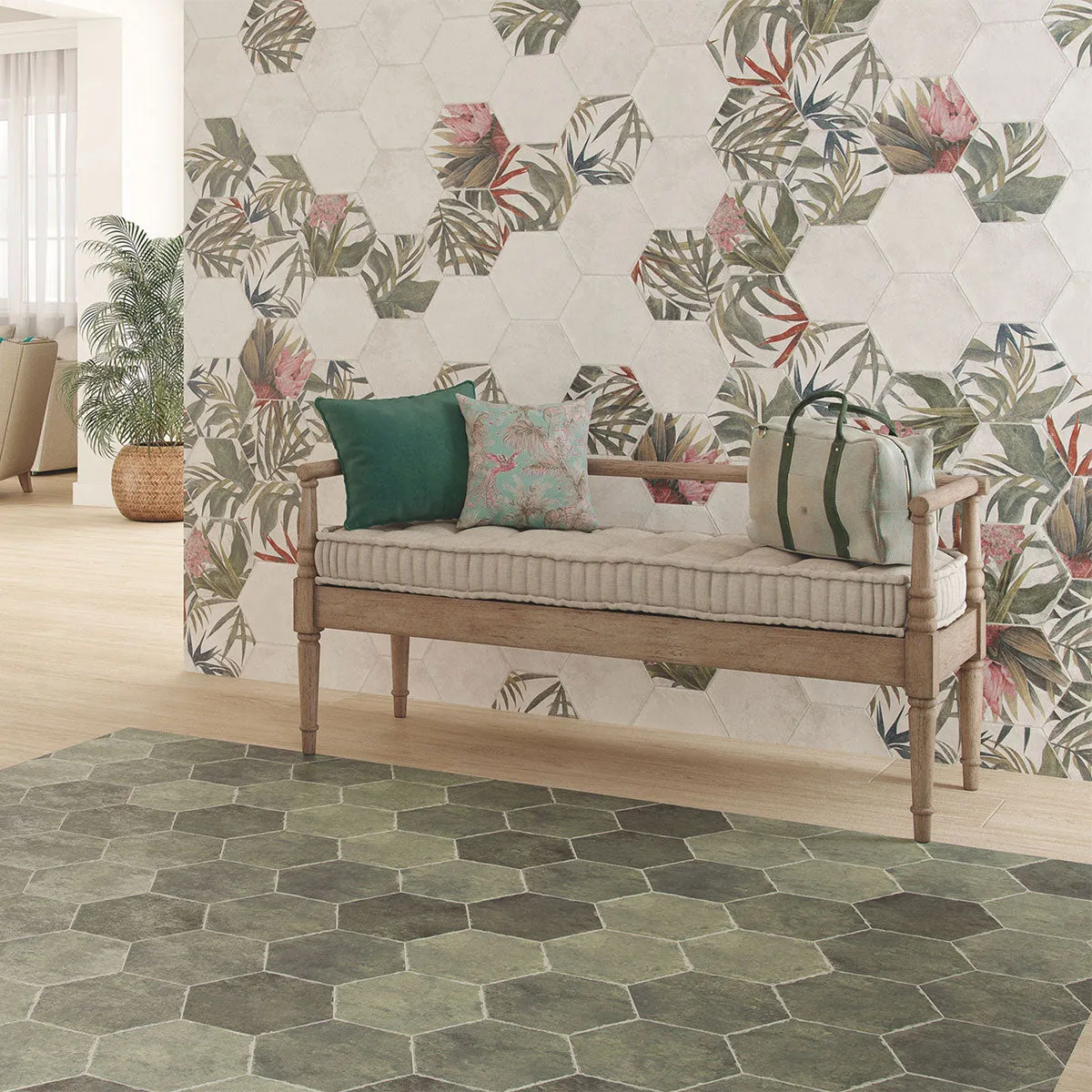 Fiori Blanco Floral Decor Hexagonal Porcelain Tile 23x27cm Matt