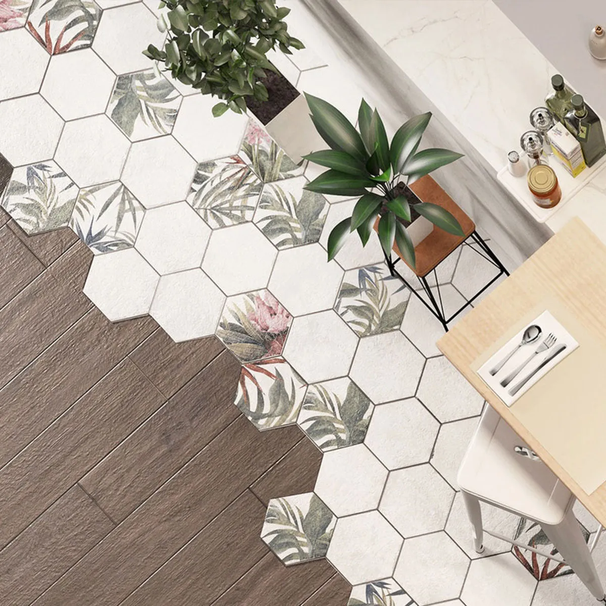 Fiori Blanco Floral Decor Hexagonal Porcelain Tile 23x27cm Matt
