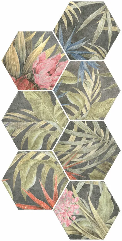 Fiori Lava Floral Decor Hexagonal Porcelain Tile 23x27cm Matt