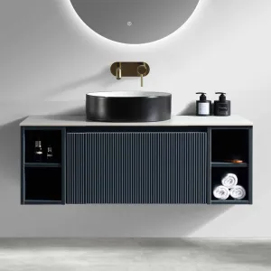 Florence Fluted 1000 Wall Mounted Vanity Unit With Worktop and Open Shelf - Midnight Shadow