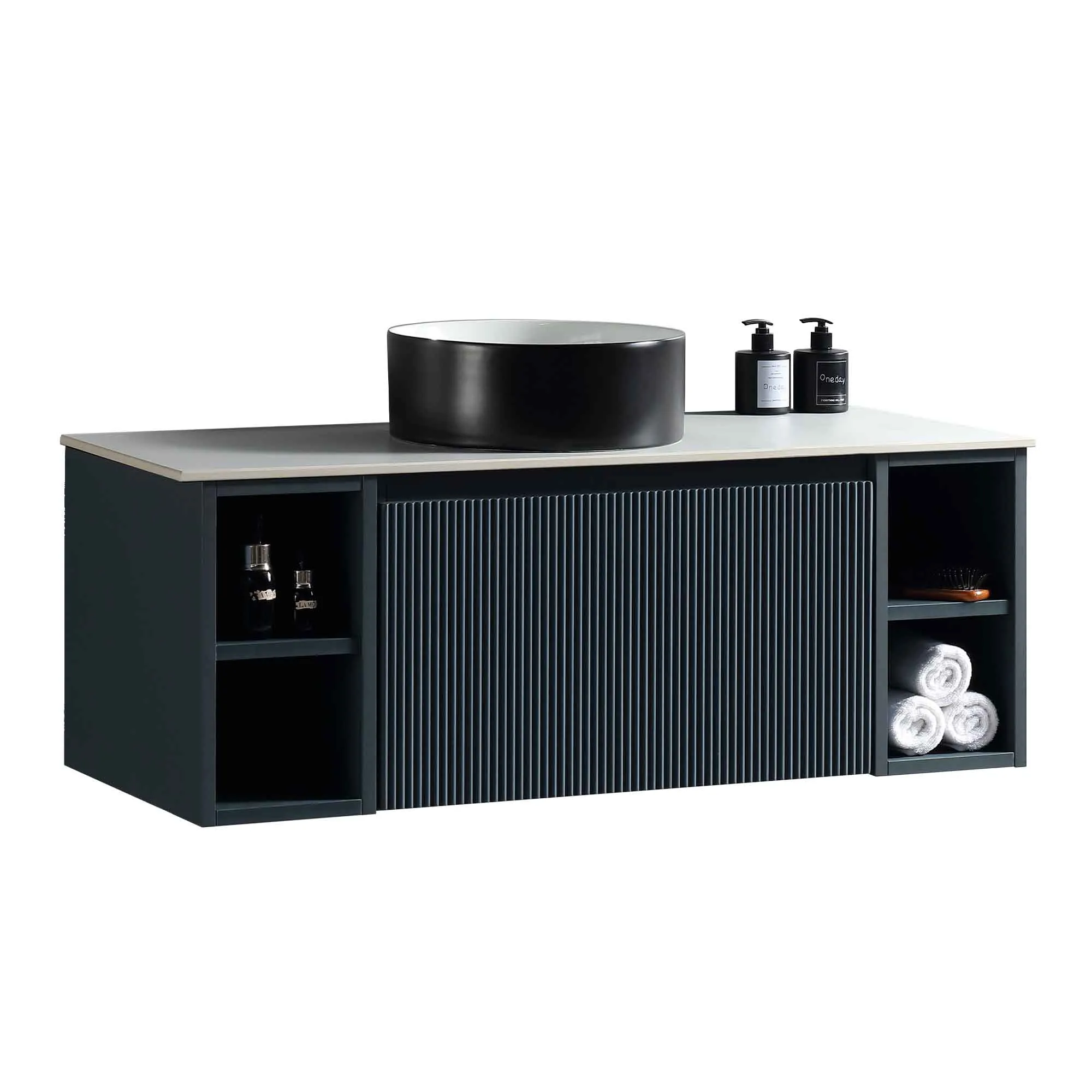 Florence Fluted 1000 Wall Mounted Vanity Unit With Worktop and Open Shelf - Midnight Shadow