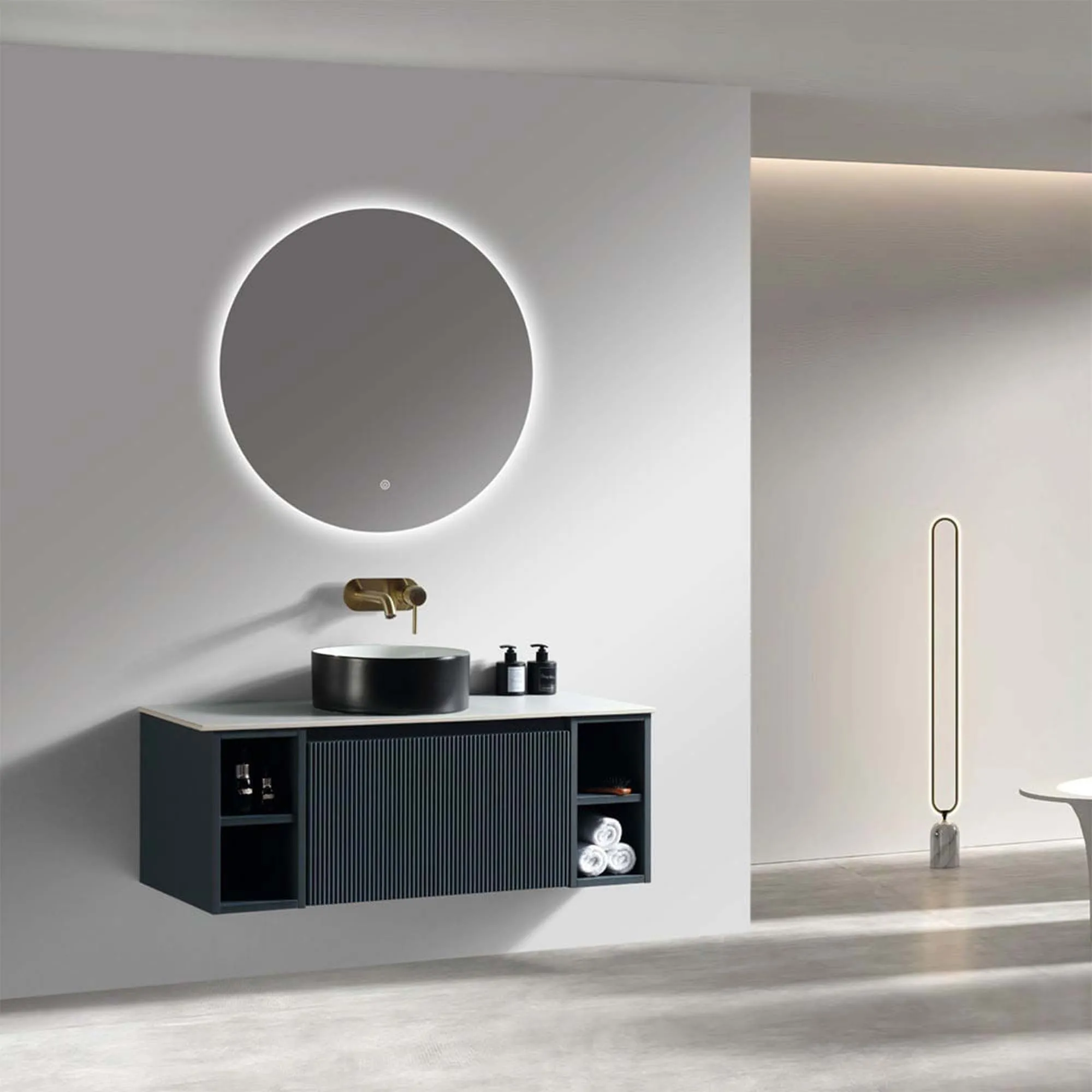 Florence Fluted 1000 Wall Mounted Vanity Unit With Worktop and Open Shelf - Midnight Shadow