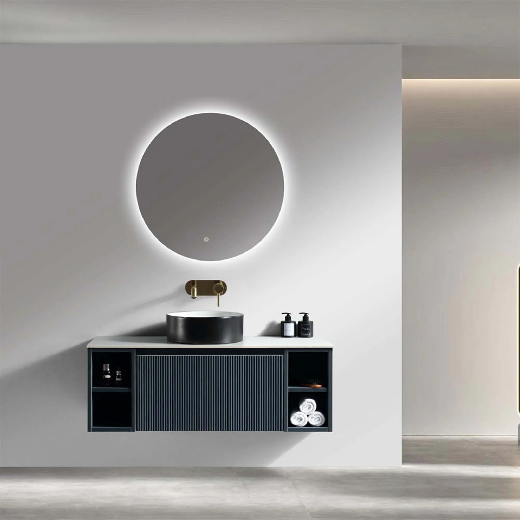 Florence Fluted 1000 Wall Mounted Vanity Unit With Worktop and Open Shelf - Midnight Shadow