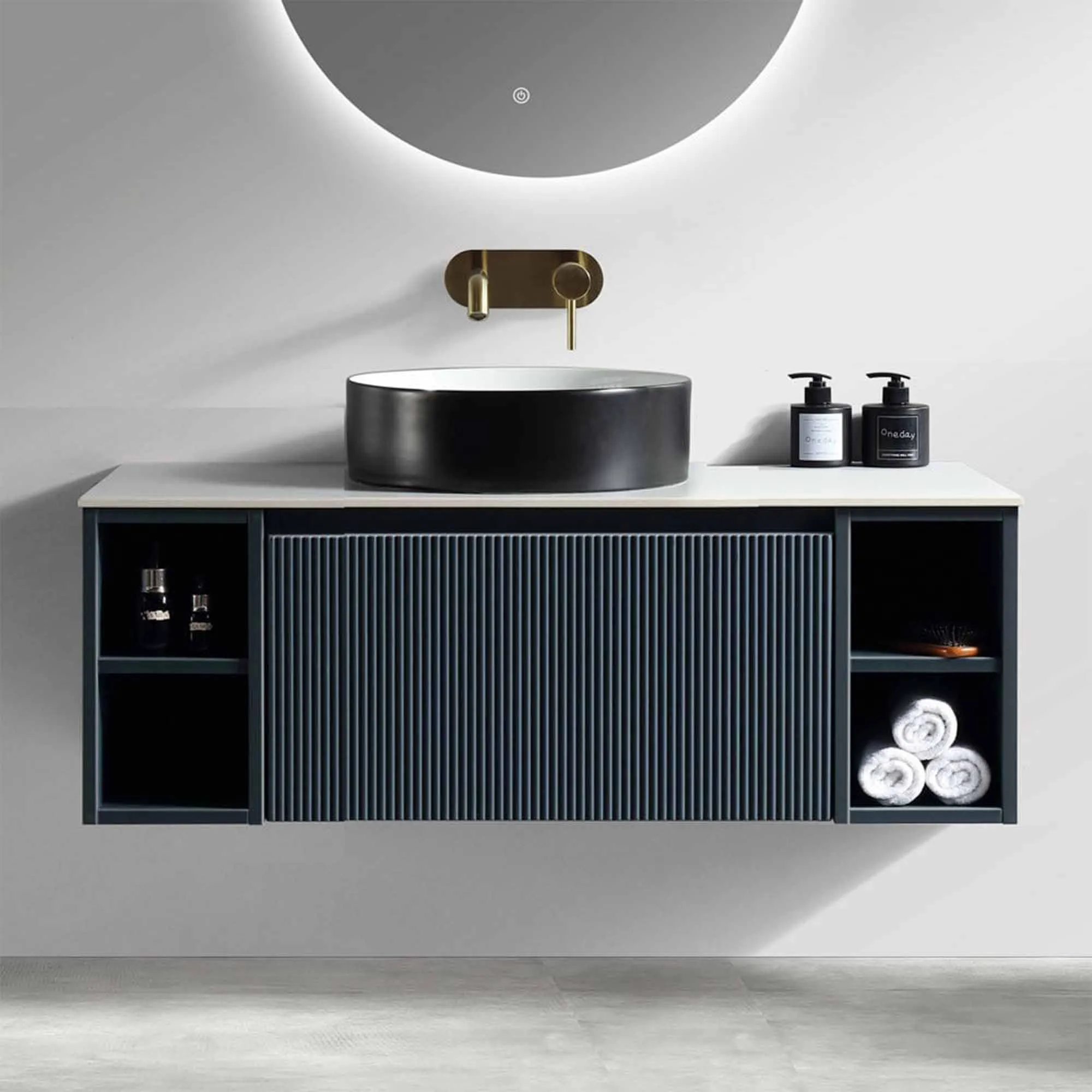 Florence Fluted 1000 Wall Mounted Vanity Unit With Worktop and Open Shelf - Midnight Shadow
