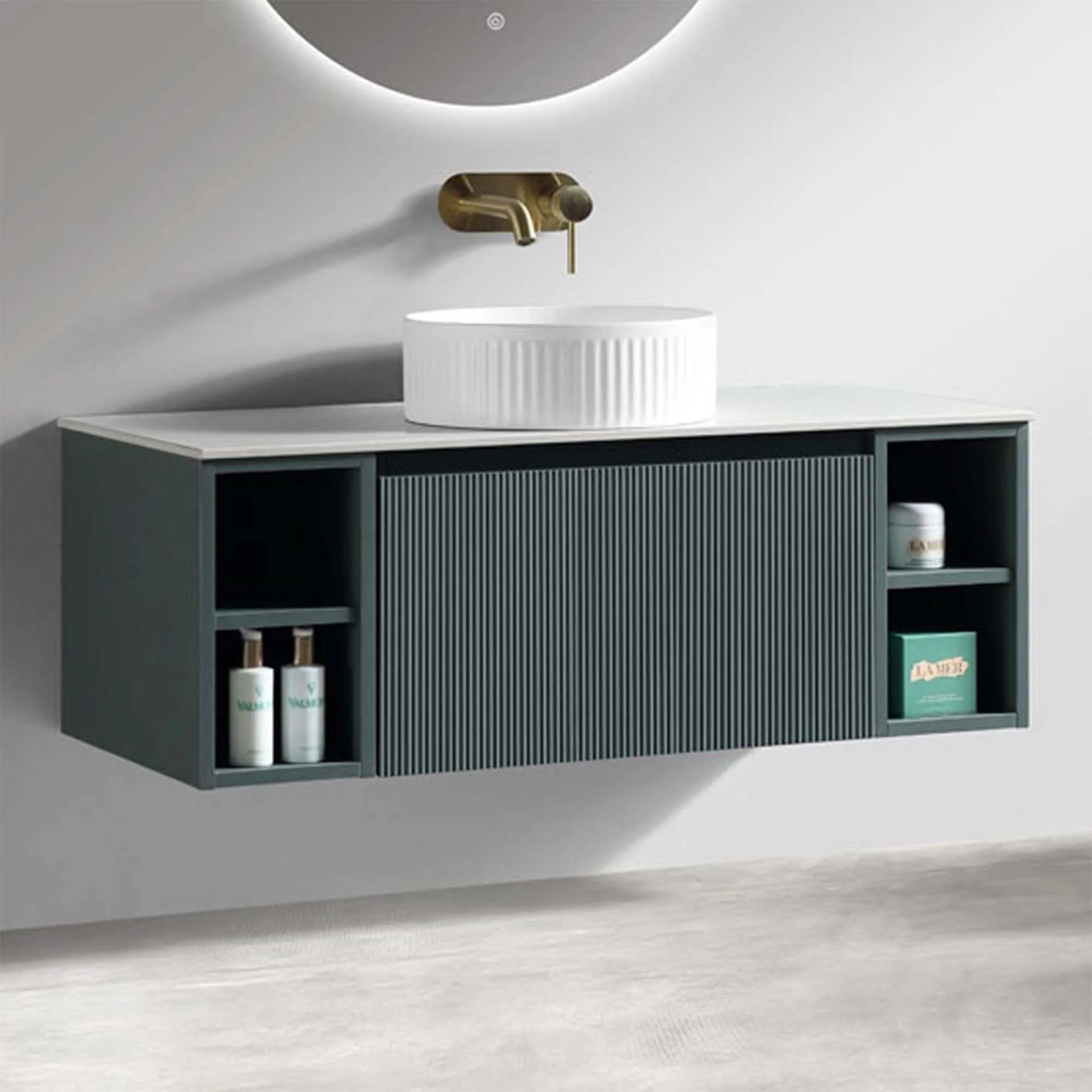 Florence Fluted 1000 Wall Mounted Vanity Unit With Worktop and Open Shelf - Smoked Sage