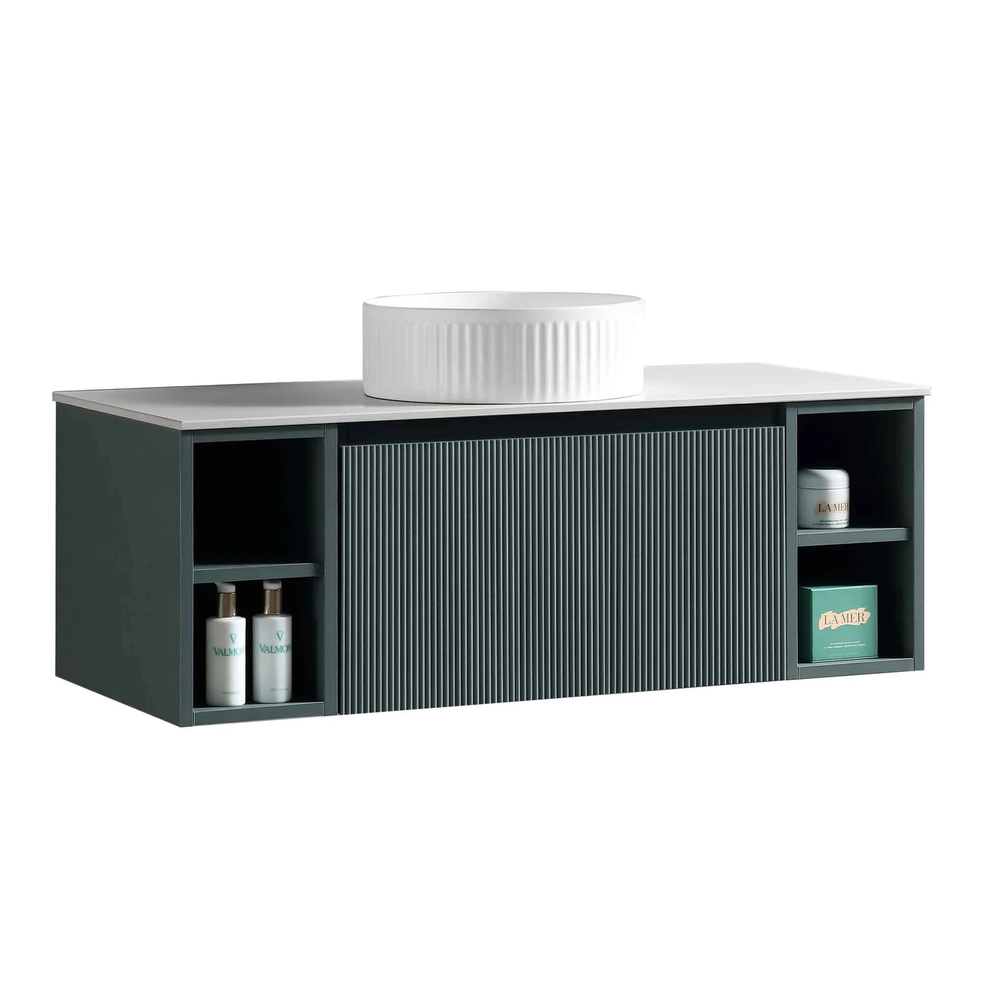 Florence Fluted 1000 Wall Mounted Vanity Unit With Worktop and Open Shelf - Smoked Sage