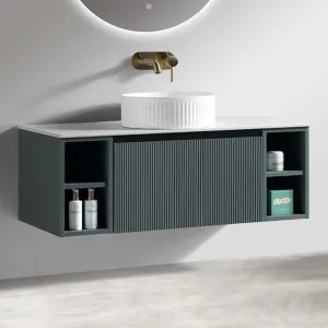 Florence Fluted 1000 Wall Mounted Vanity Unit With Worktop and Open Shelf - Smoked Sage