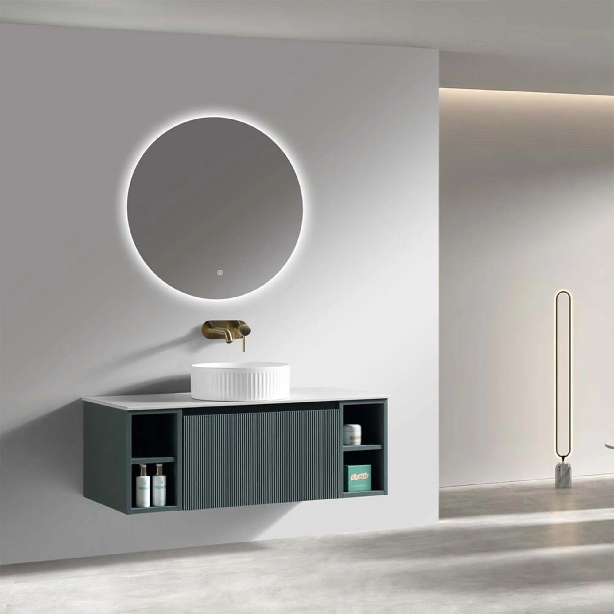 Florence Fluted 1000 Wall Mounted Vanity Unit With Worktop and Open Shelf - Smoked Sage