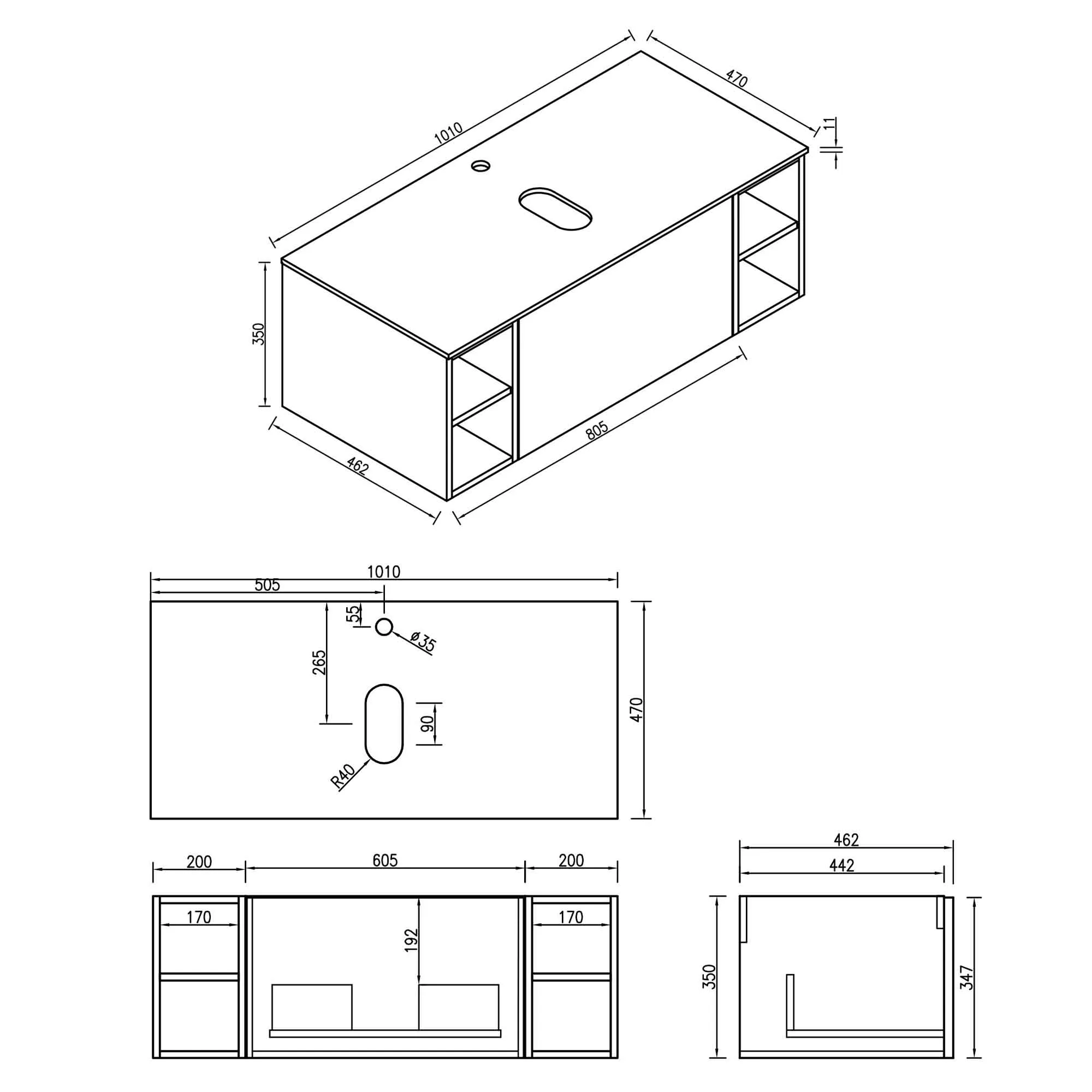 Florence Fluted 1000 Wall Mounted Vanity Unit With Worktop and Open Shelf - Soft Coffee