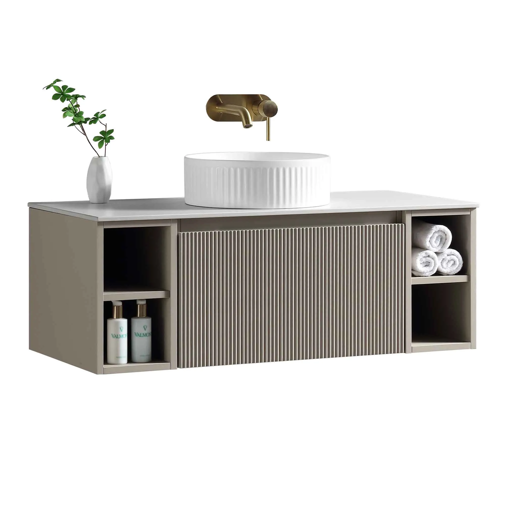 Florence Fluted 1000 Wall Mounted Vanity Unit With Worktop and Open Shelf - Soft Coffee