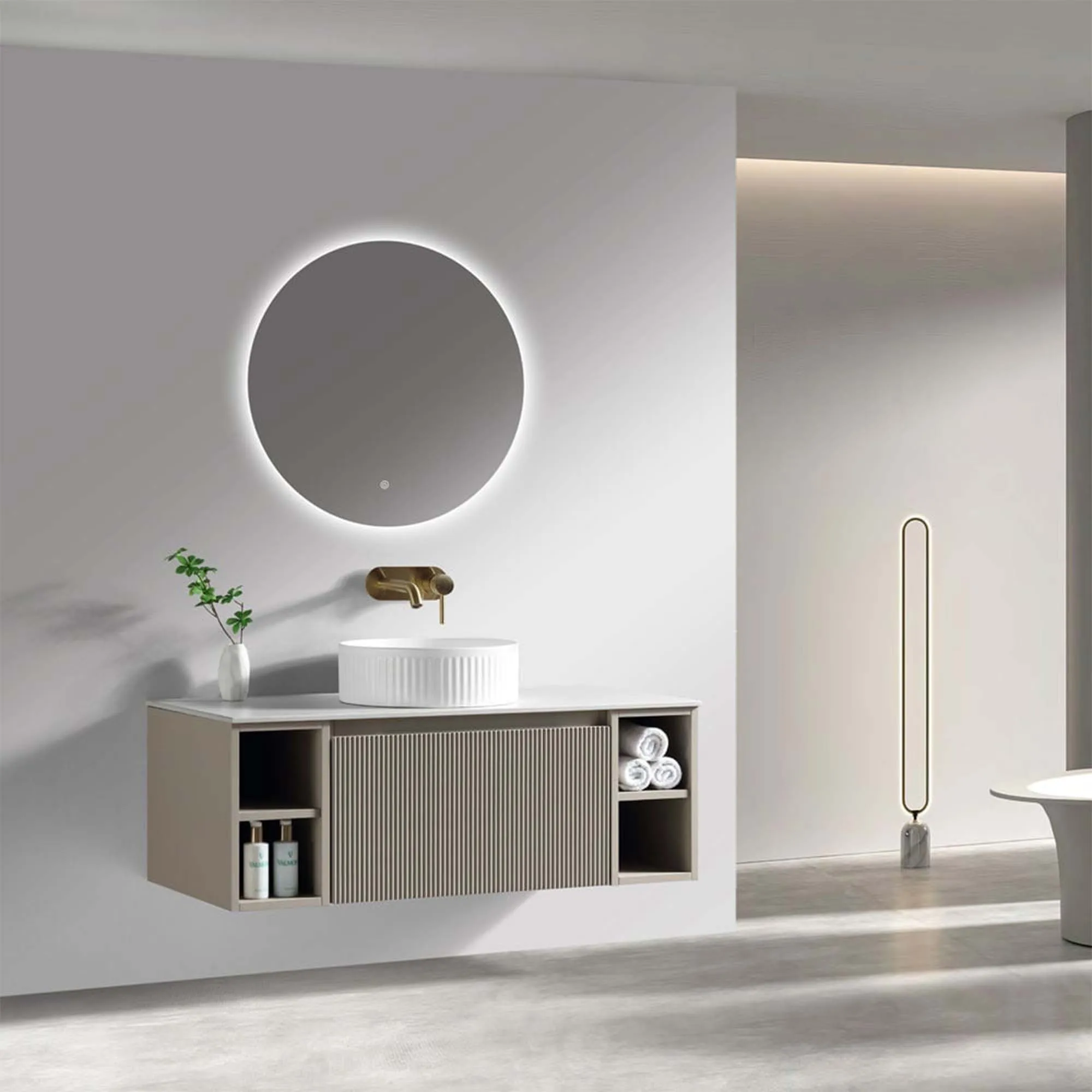 Florence Fluted 1000 Wall Mounted Vanity Unit With Worktop and Open Shelf - Soft Coffee