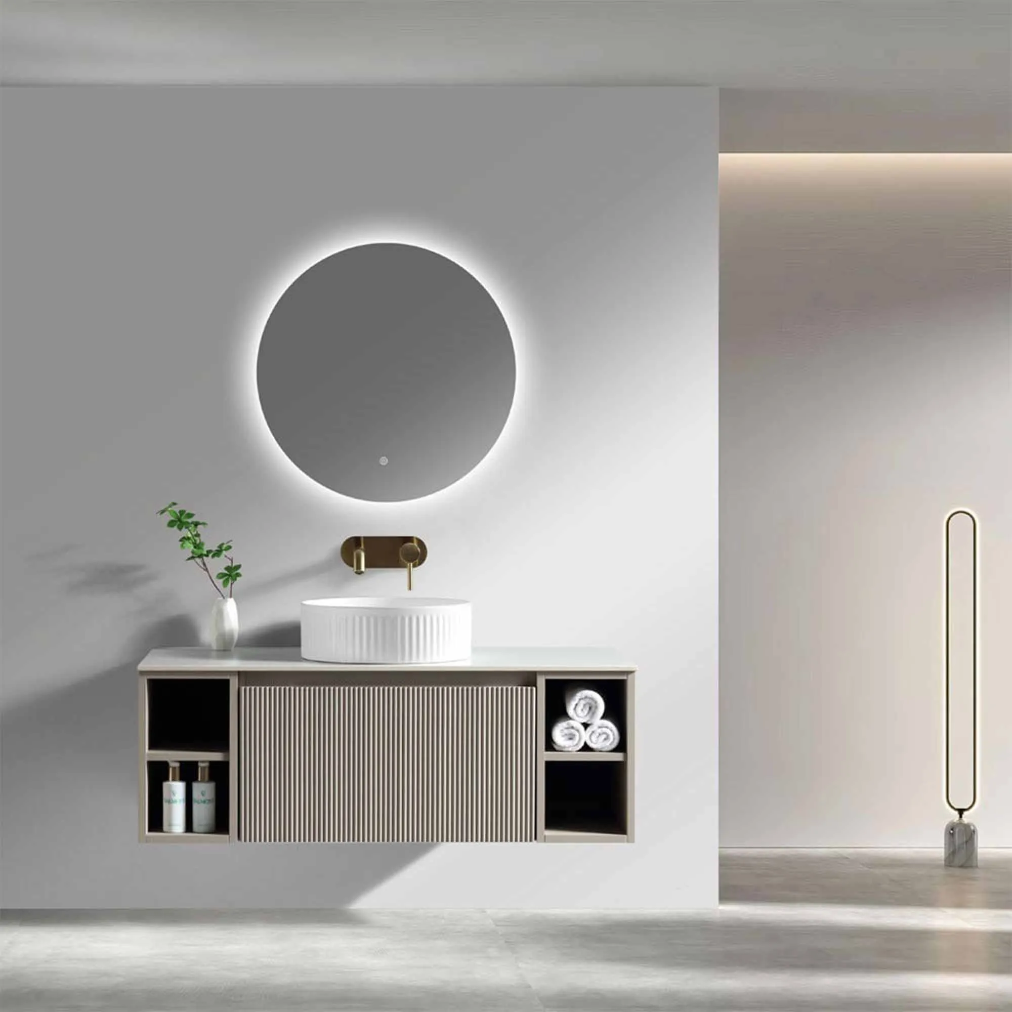 Florence Fluted 1000 Wall Mounted Vanity Unit With Worktop and Open Shelf - Soft Coffee