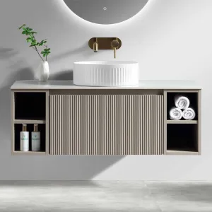 Florence Fluted 1000 Wall Mounted Vanity Unit With Worktop and Open Shelf - Soft Coffee