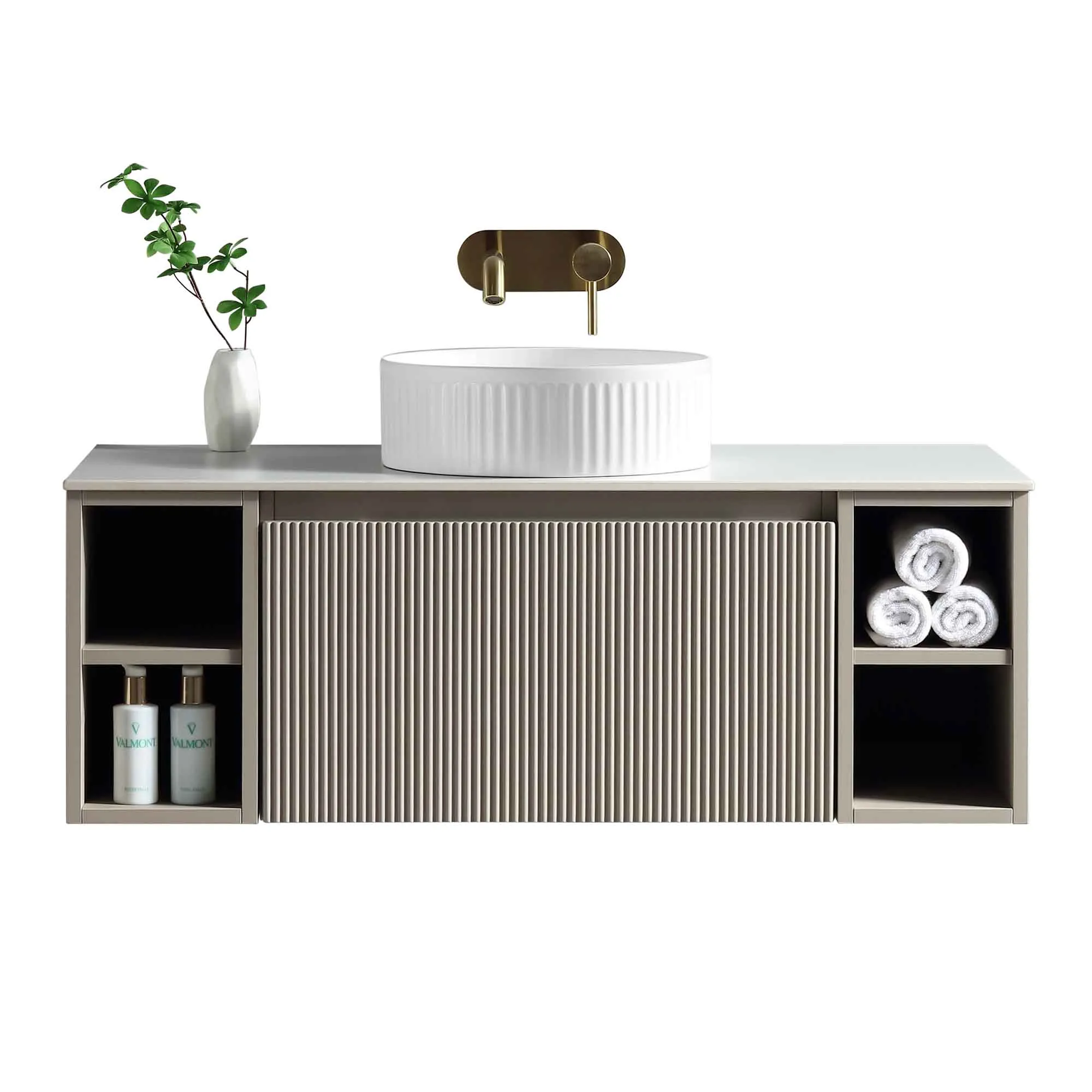 Florence Fluted 1000 Wall Mounted Vanity Unit With Worktop and Open Shelf - Soft Coffee