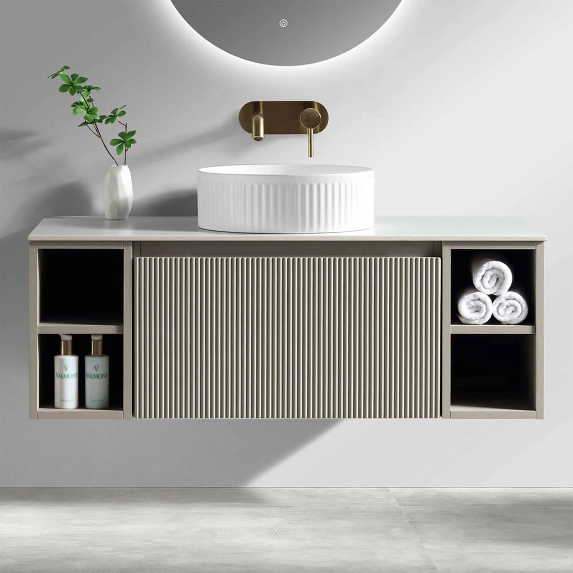 Florence Fluted 1000 Wall Mounted Vanity Unit With Worktop and Open Shelf - Soft Coffee