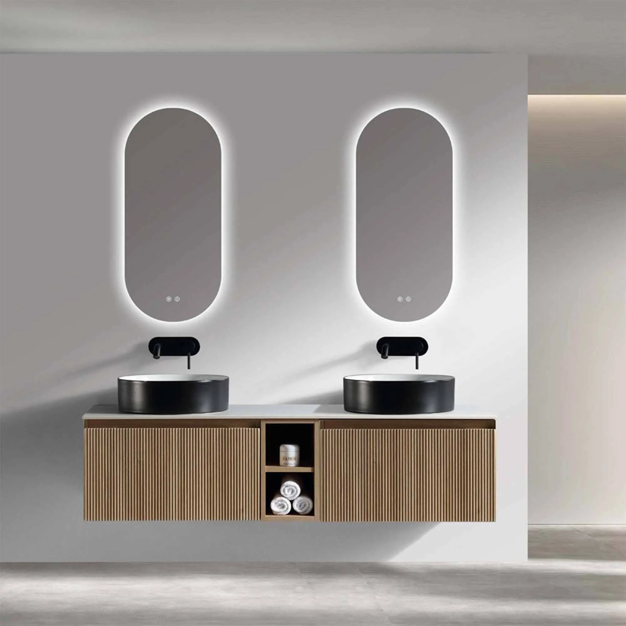 Florence Fluted 1400 Wall Mounted Vanity Unit With Worktop and Open Shelf - Country Oak