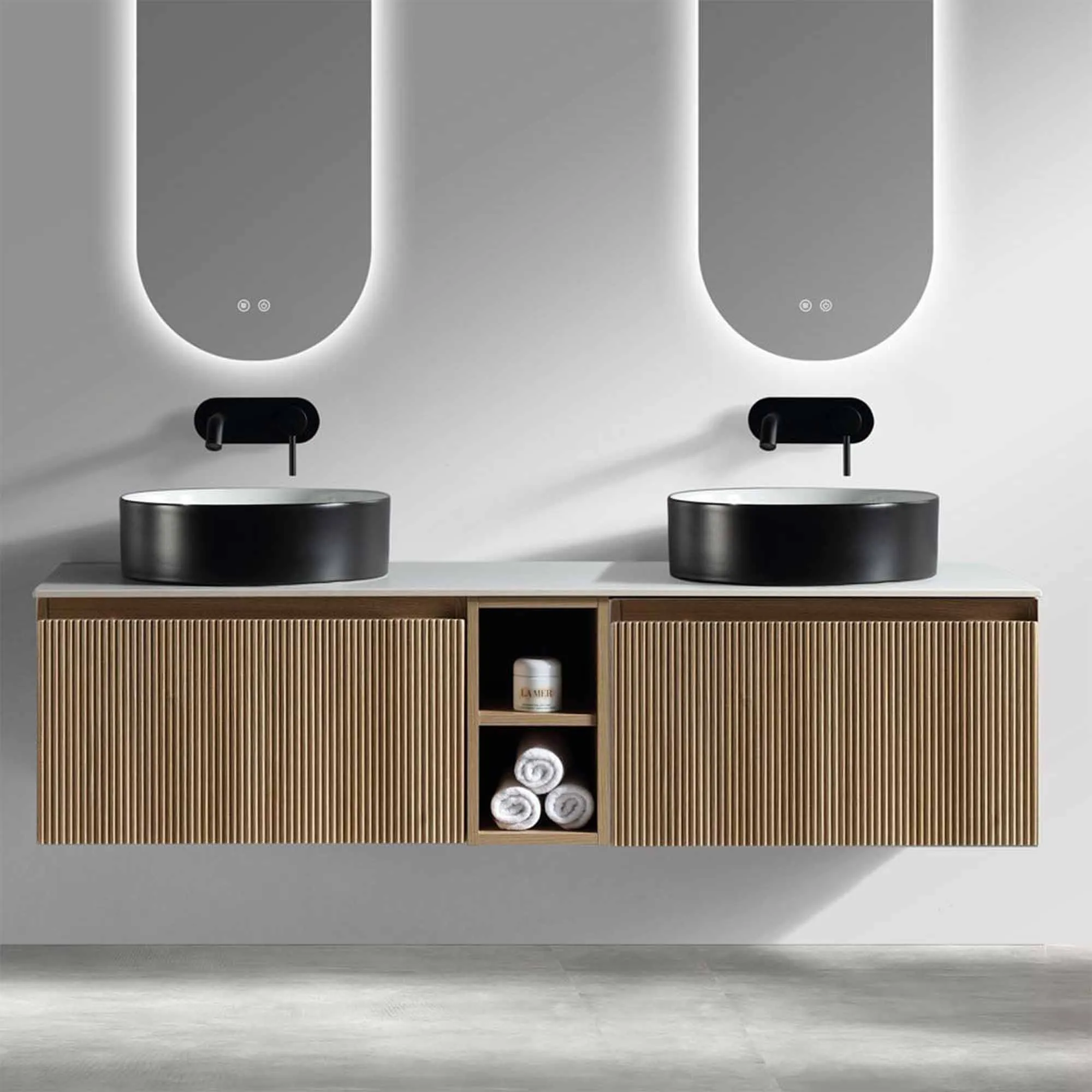 Florence Fluted 1400 Wall Mounted Vanity Unit With Worktop and Open Shelf - Country Oak