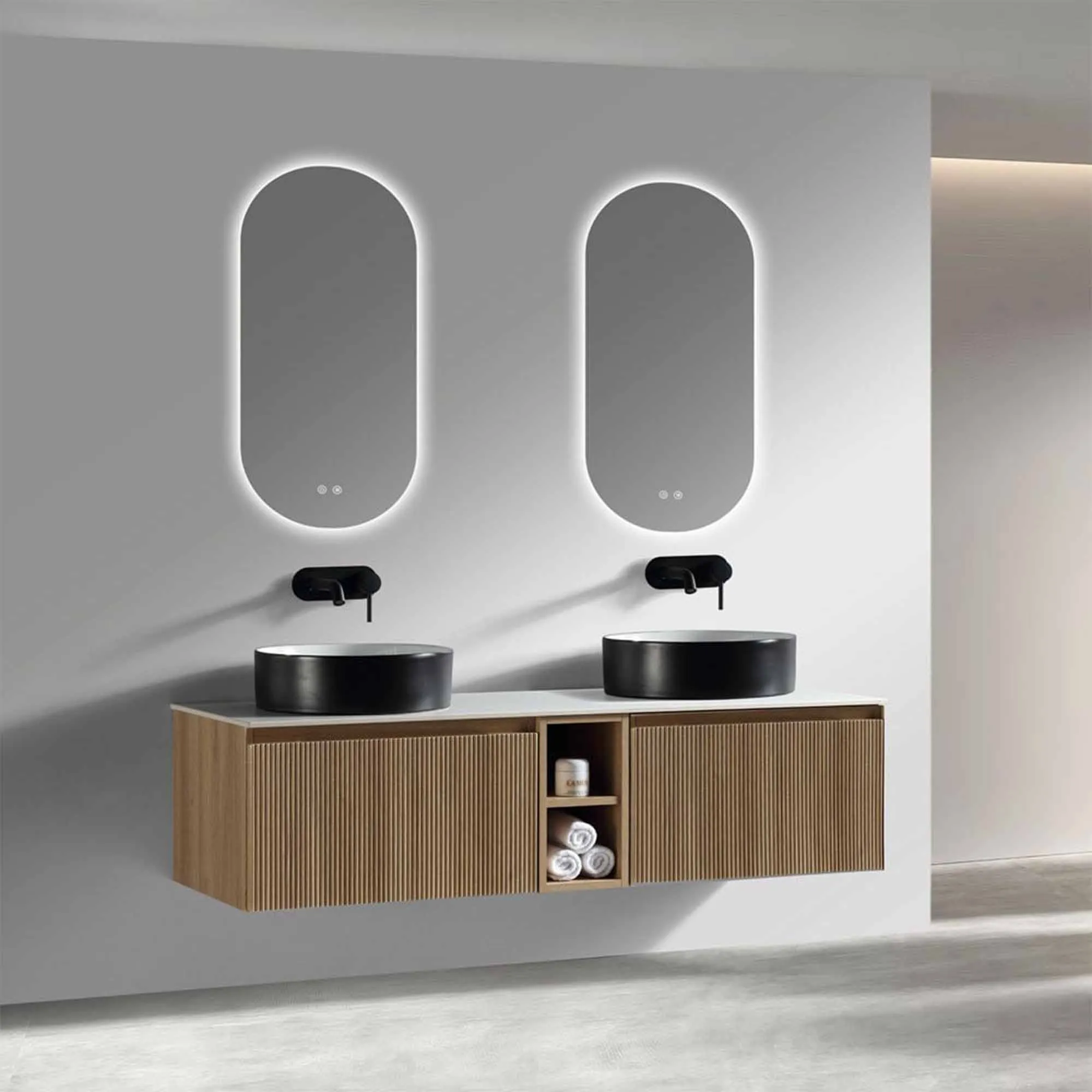 Florence Fluted 1400 Wall Mounted Vanity Unit With Worktop and Open Shelf - Country Oak