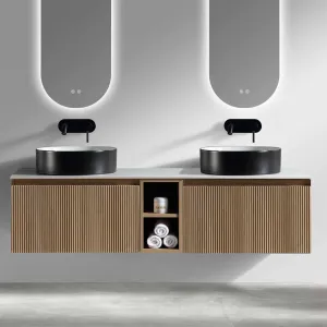 Florence Fluted 1400 Wall Mounted Vanity Unit With Worktop and Open Shelf - Country Oak