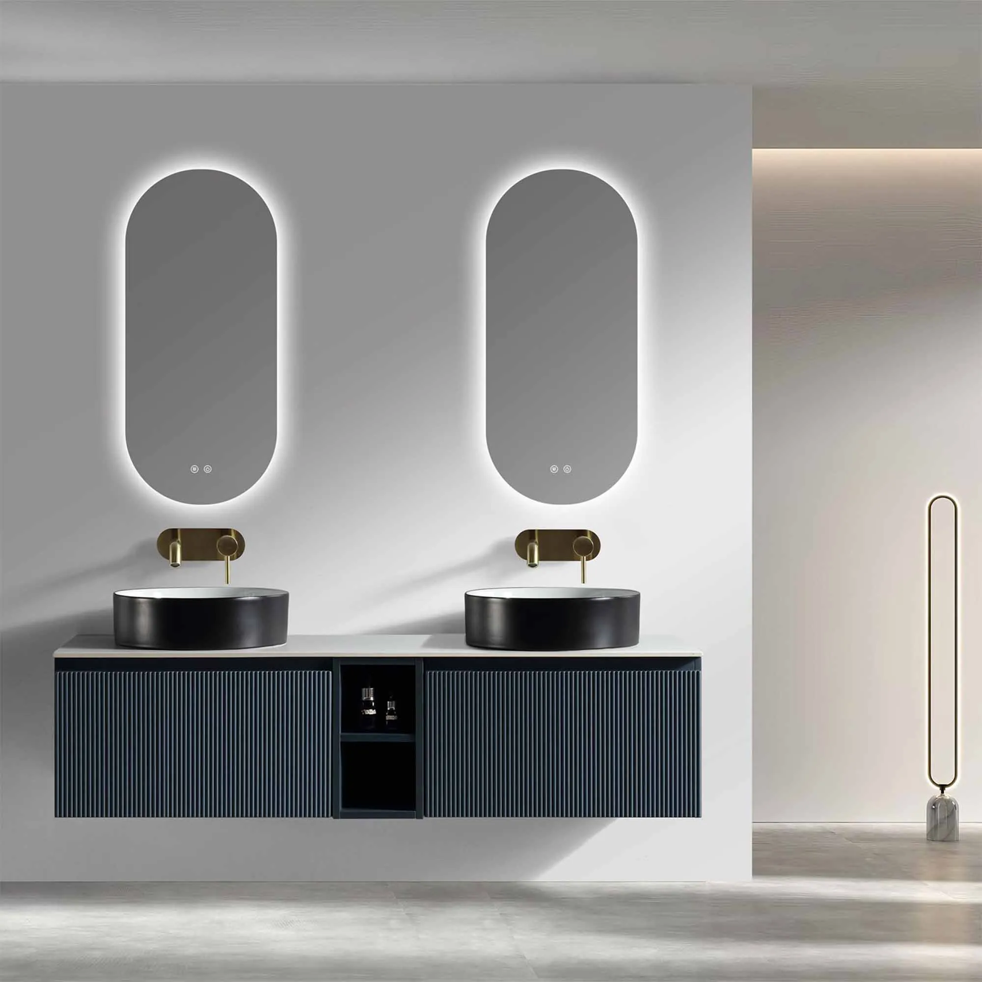 Florence Fluted 1400 Wall Mounted Vanity Unit With Worktop and Open Shelf - Midnight Shadow