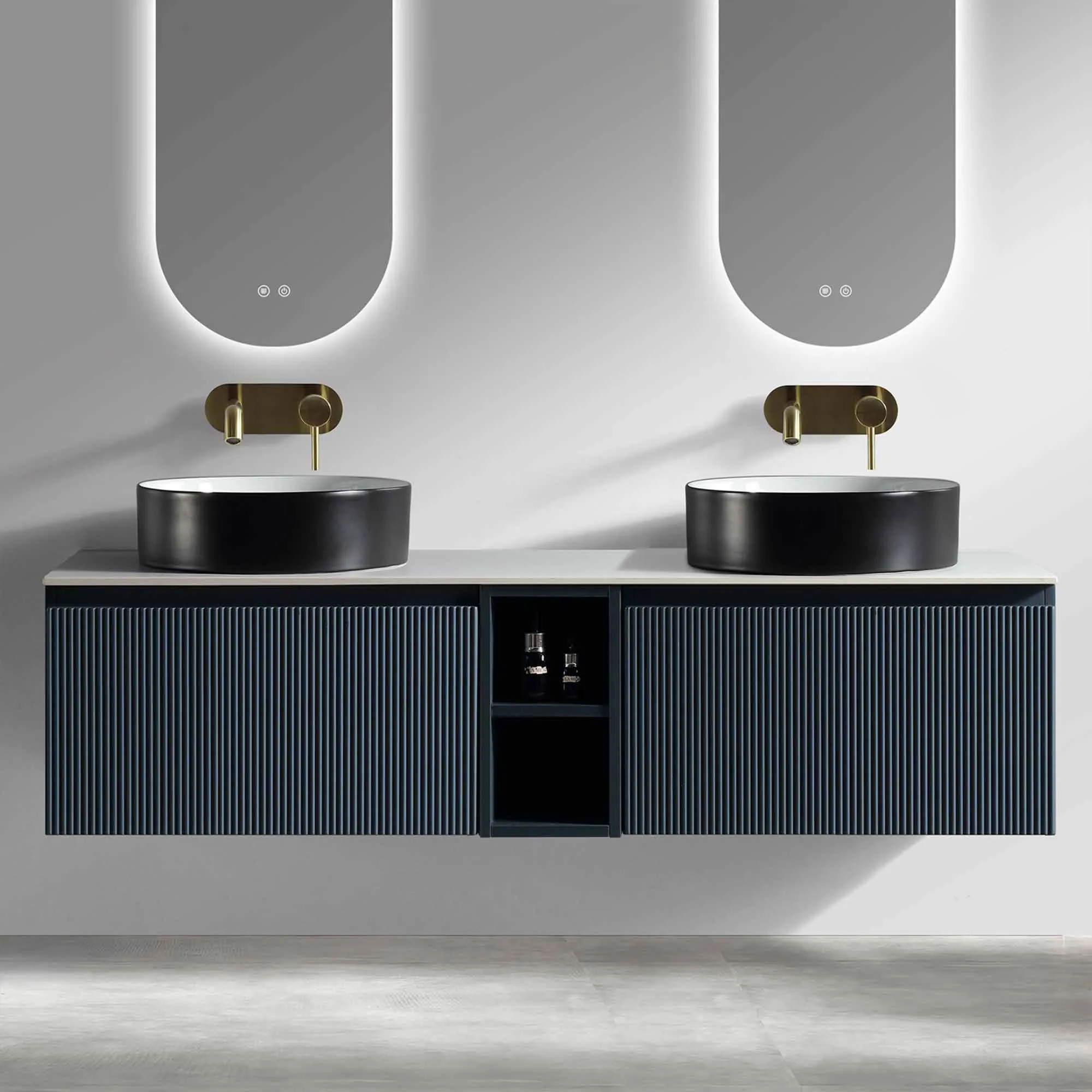 Florence Fluted 1400 Wall Mounted Vanity Unit With Worktop and Open Shelf - Midnight Shadow