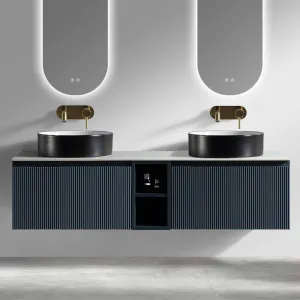 Florence Fluted 1400 Wall Mounted Vanity Unit With Worktop and Open Shelf - Midnight Shadow