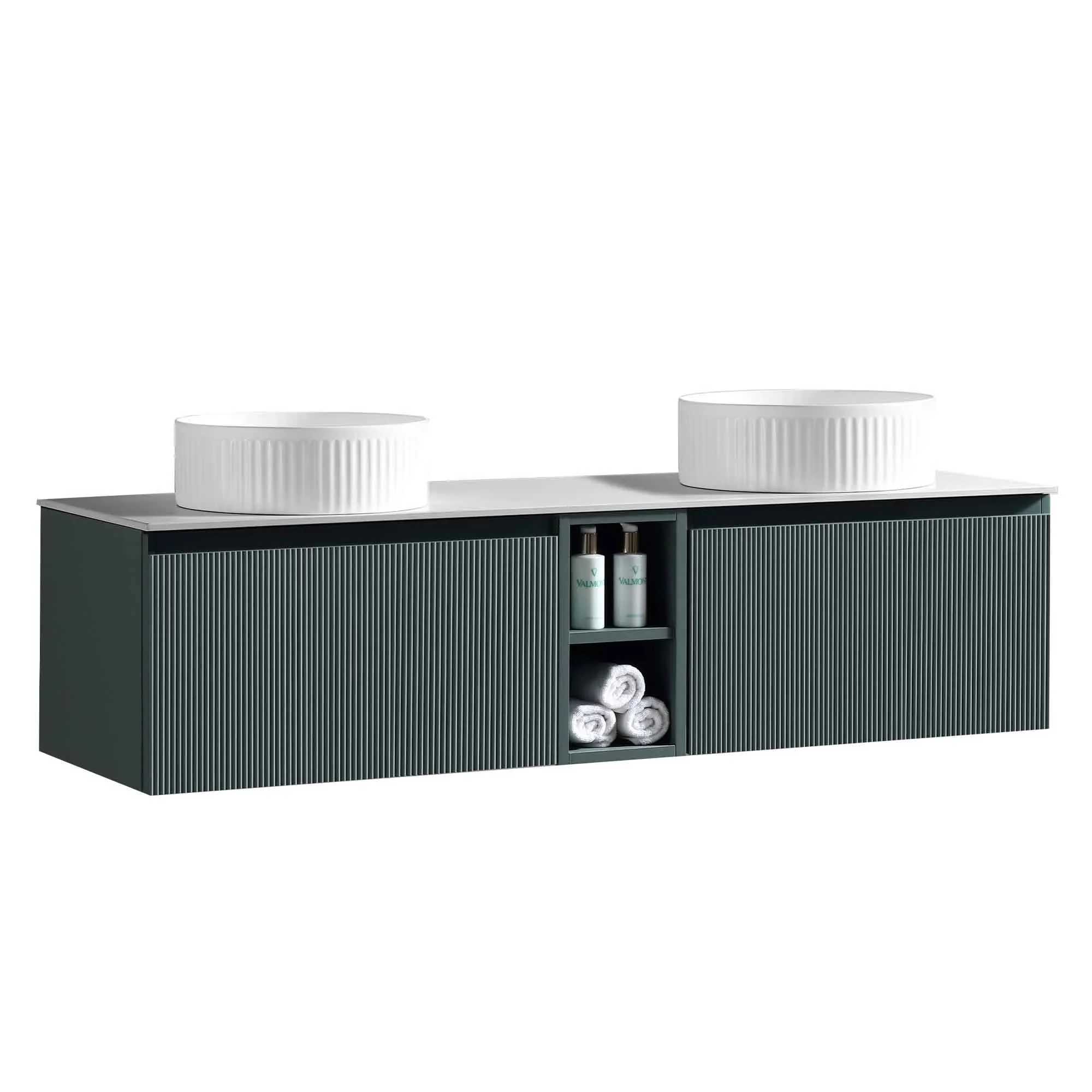 Florence Fluted 1400 Wall Mounted Vanity Unit With Worktop and Open Shelf - Smoked Sage