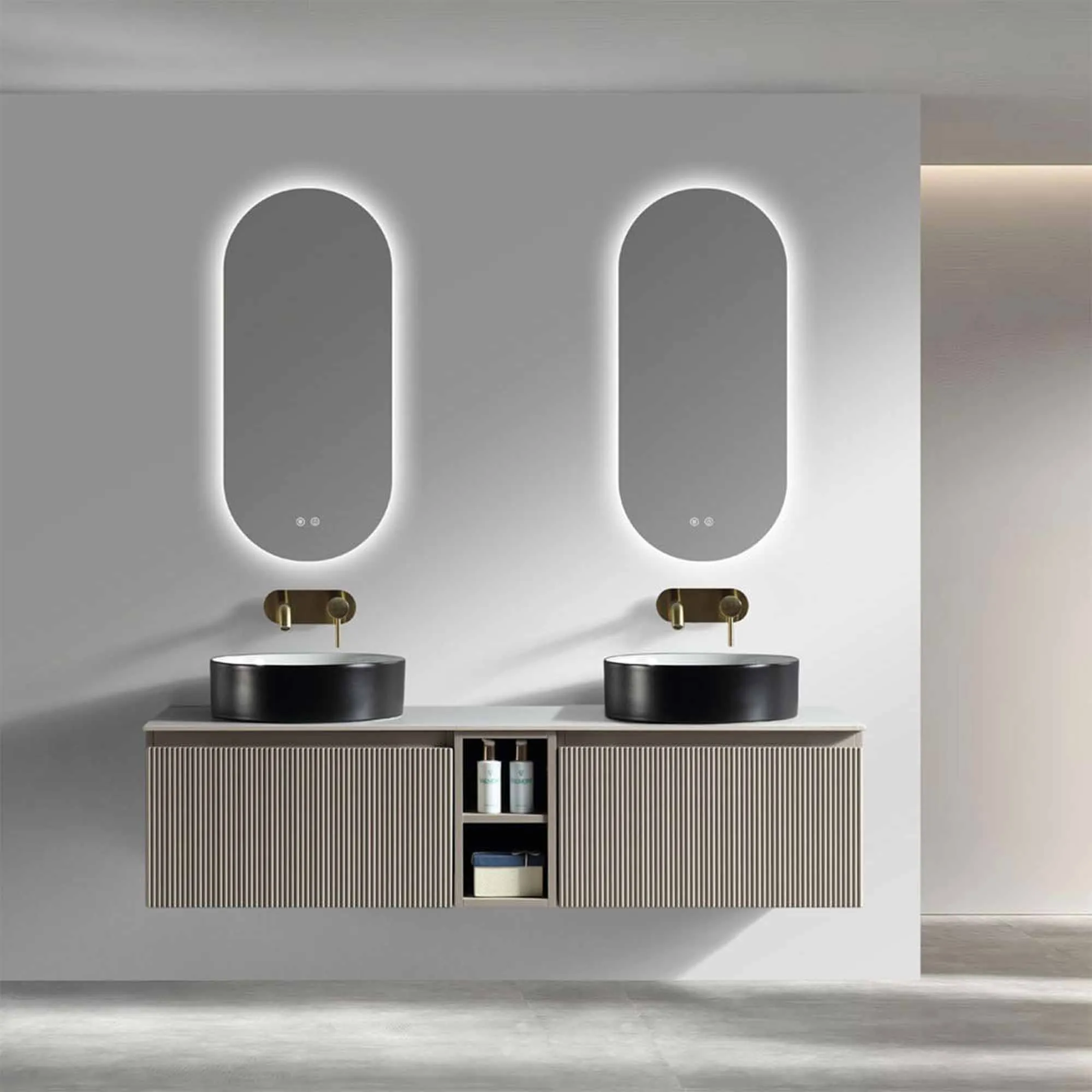 Florence Fluted 1400 Wall Mounted Vanity Unit With Worktop and Open Shelf - Soft Coffee