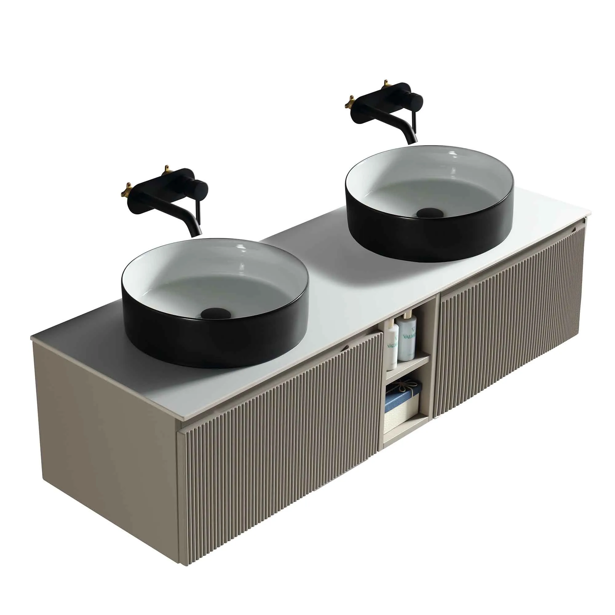 Florence Fluted 1400 Wall Mounted Vanity Unit With Worktop and Open Shelf - Soft Coffee